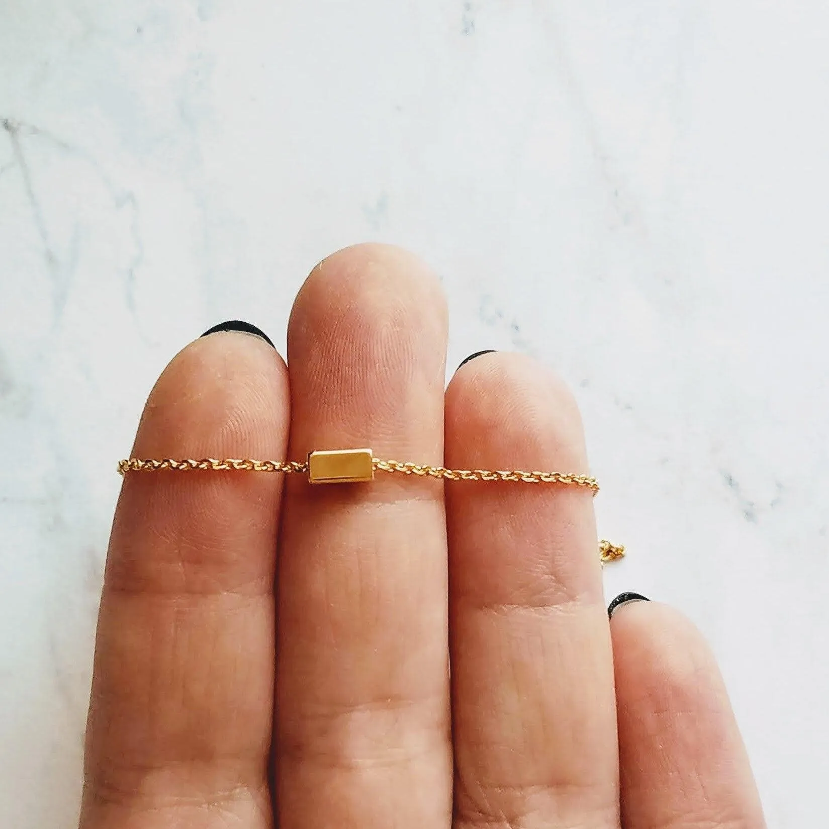Gold Dash Necklace, tiny rectangle necklace, square tube bead, slider pendant, delicate chain, simple gold necklace, small gold bar necklace