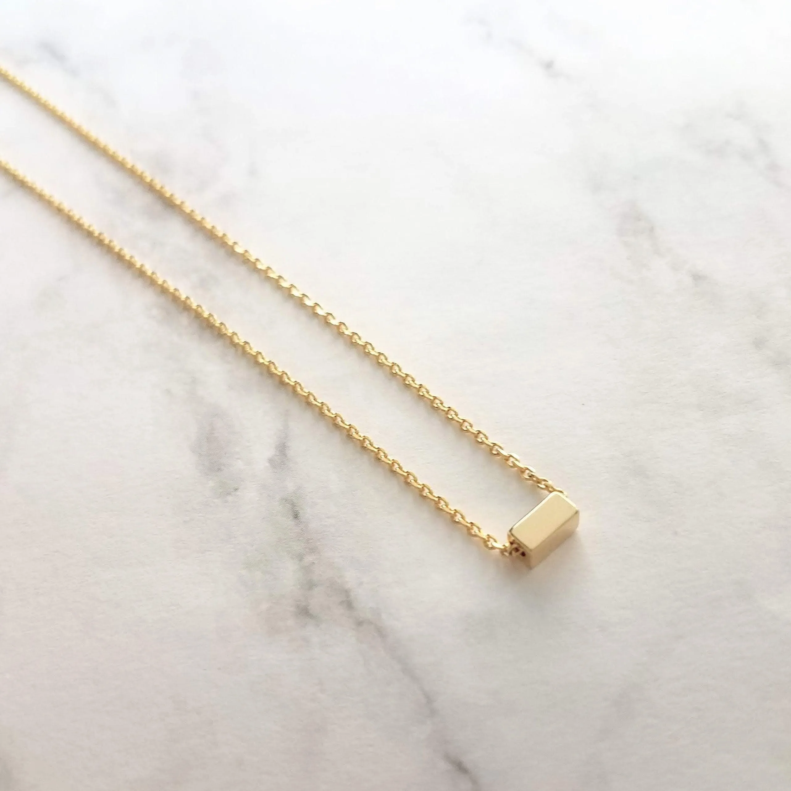 Gold Dash Necklace, tiny rectangle necklace, square tube bead, slider pendant, delicate chain, simple gold necklace, small gold bar necklace
