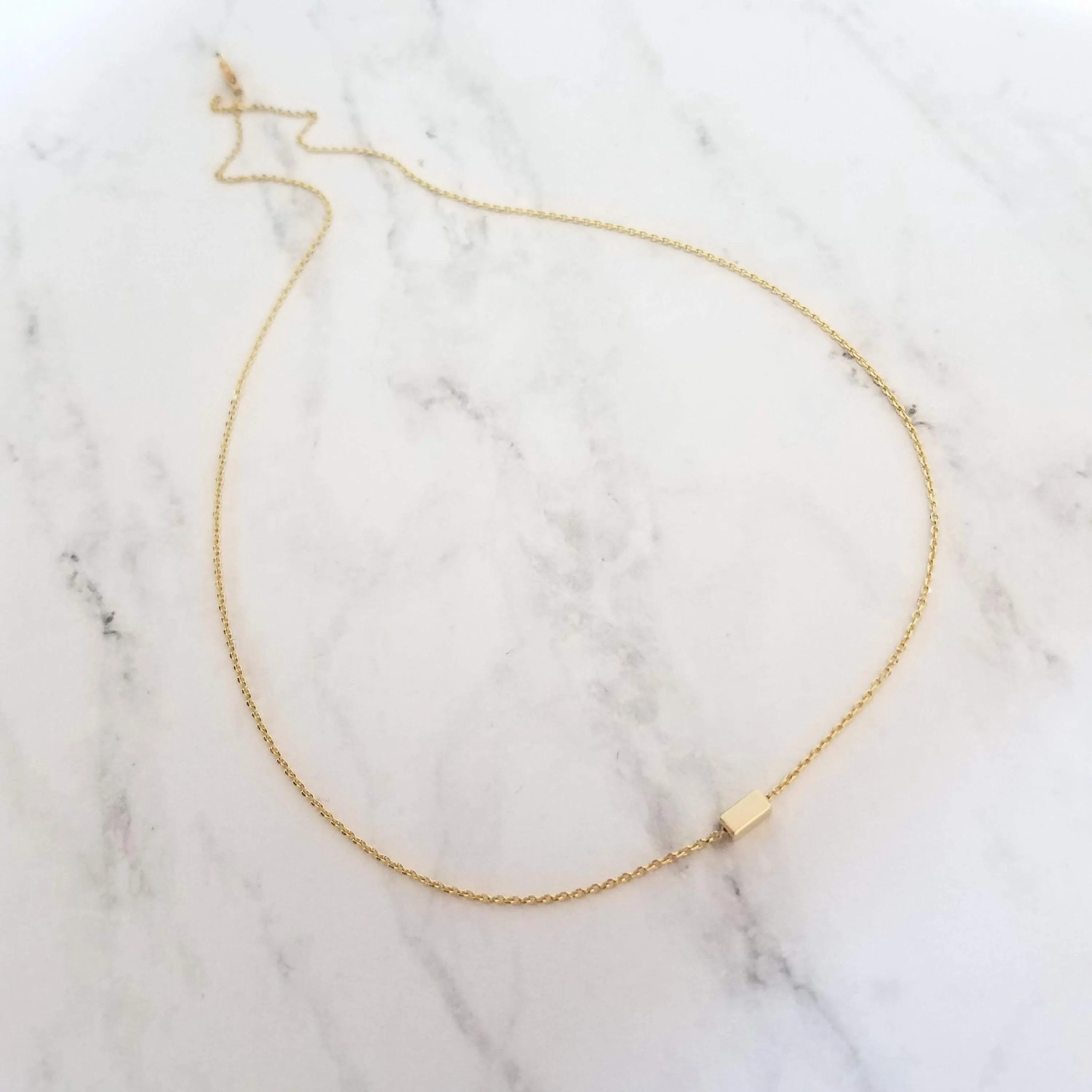 Gold Dash Necklace, tiny rectangle necklace, square tube bead, slider pendant, delicate chain, simple gold necklace, small gold bar necklace
