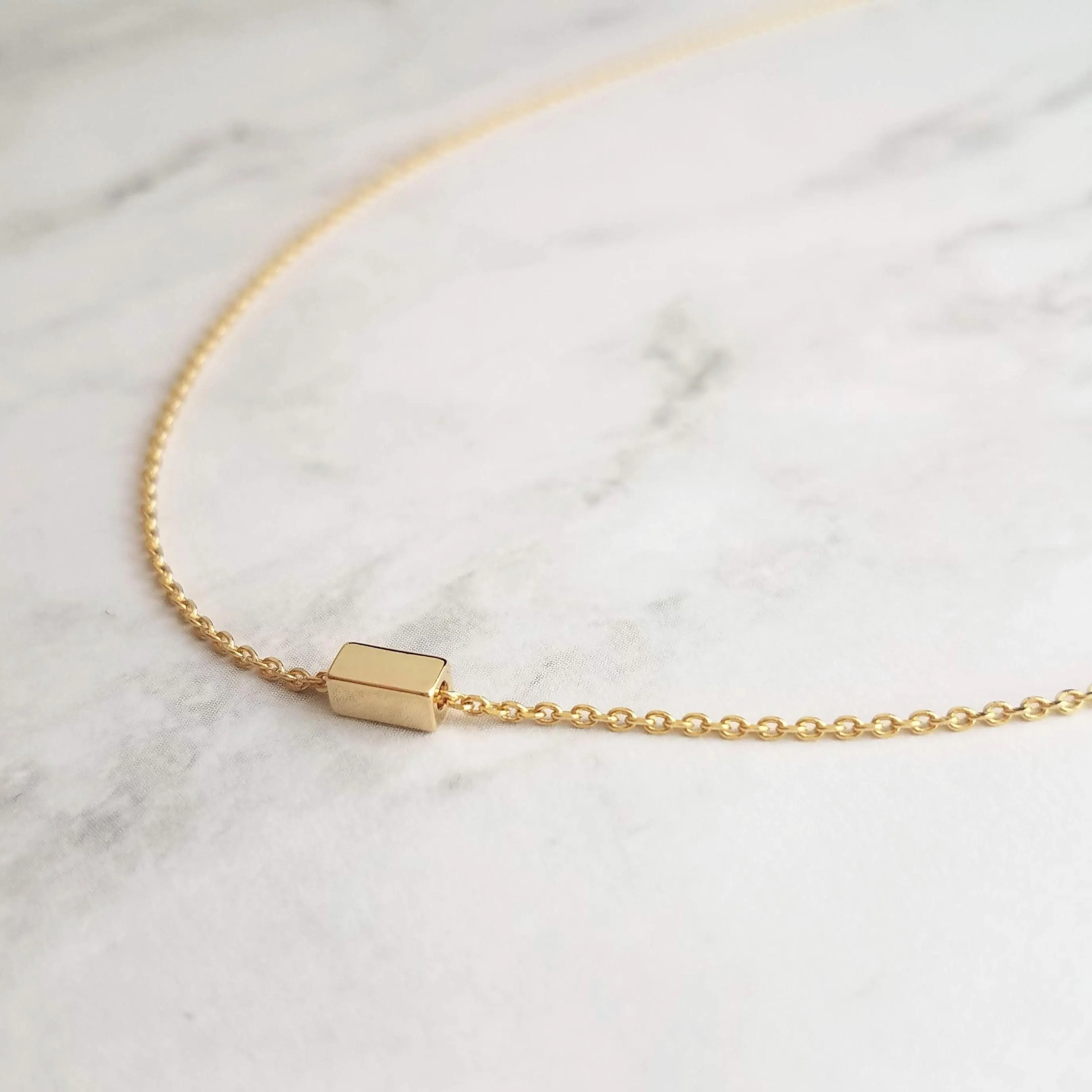 Gold Dash Necklace, tiny rectangle necklace, square tube bead, slider pendant, delicate chain, simple gold necklace, small gold bar necklace