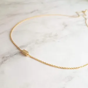 Gold Dash Necklace, tiny rectangle necklace, square tube bead, slider pendant, delicate chain, simple gold necklace, small gold bar necklace