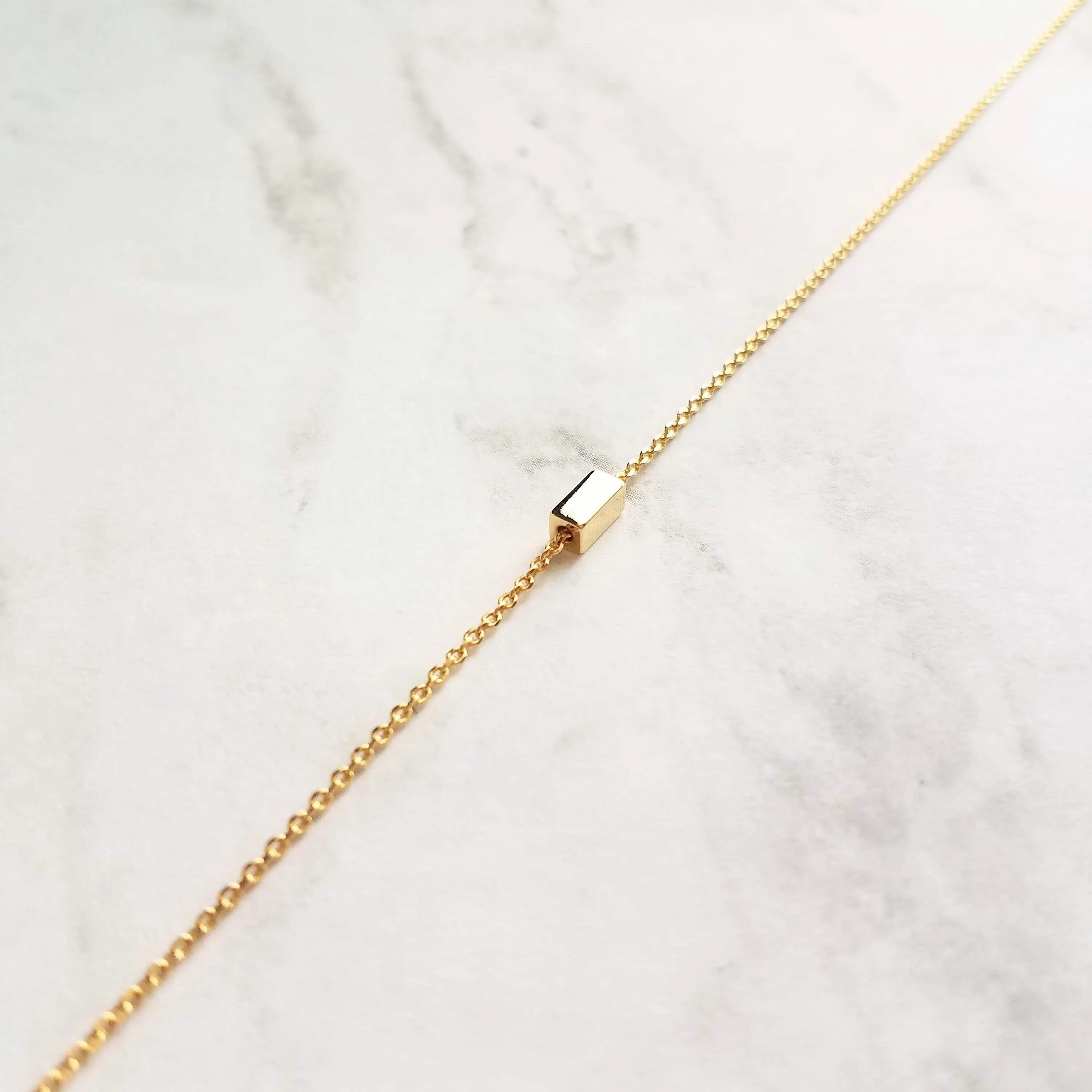 Gold Dash Necklace, tiny rectangle necklace, square tube bead, slider pendant, delicate chain, simple gold necklace, small gold bar necklace