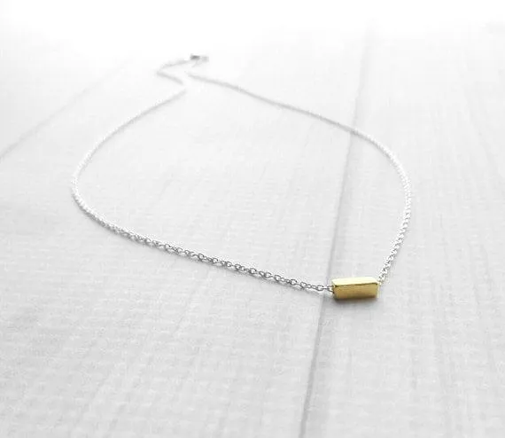 Gold Dash Necklace, tiny rectangle necklace, square tube bead, slider pendant, delicate chain, simple gold necklace, small gold bar necklace