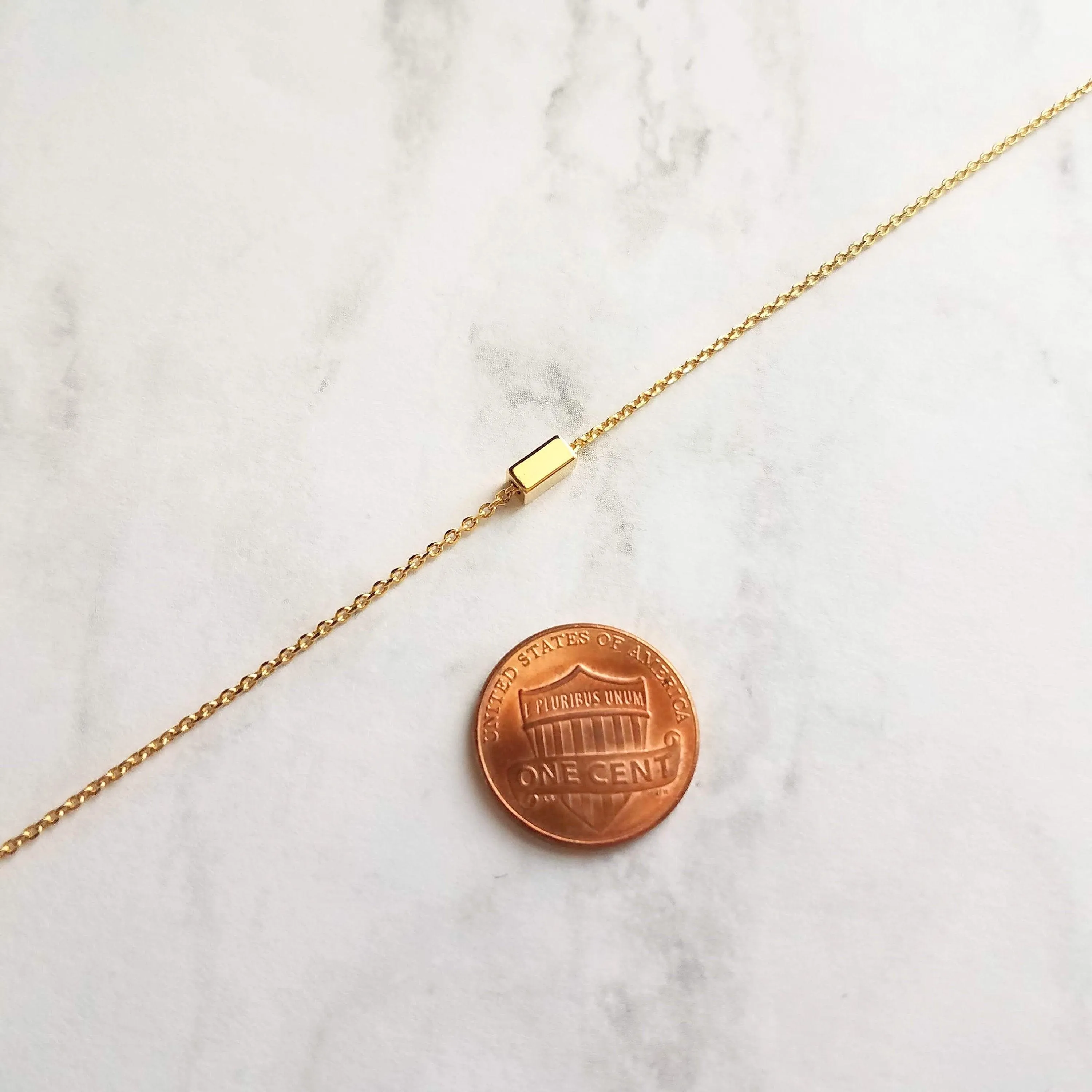 Gold Dash Necklace, tiny rectangle necklace, square tube bead, slider pendant, delicate chain, simple gold necklace, small gold bar necklace