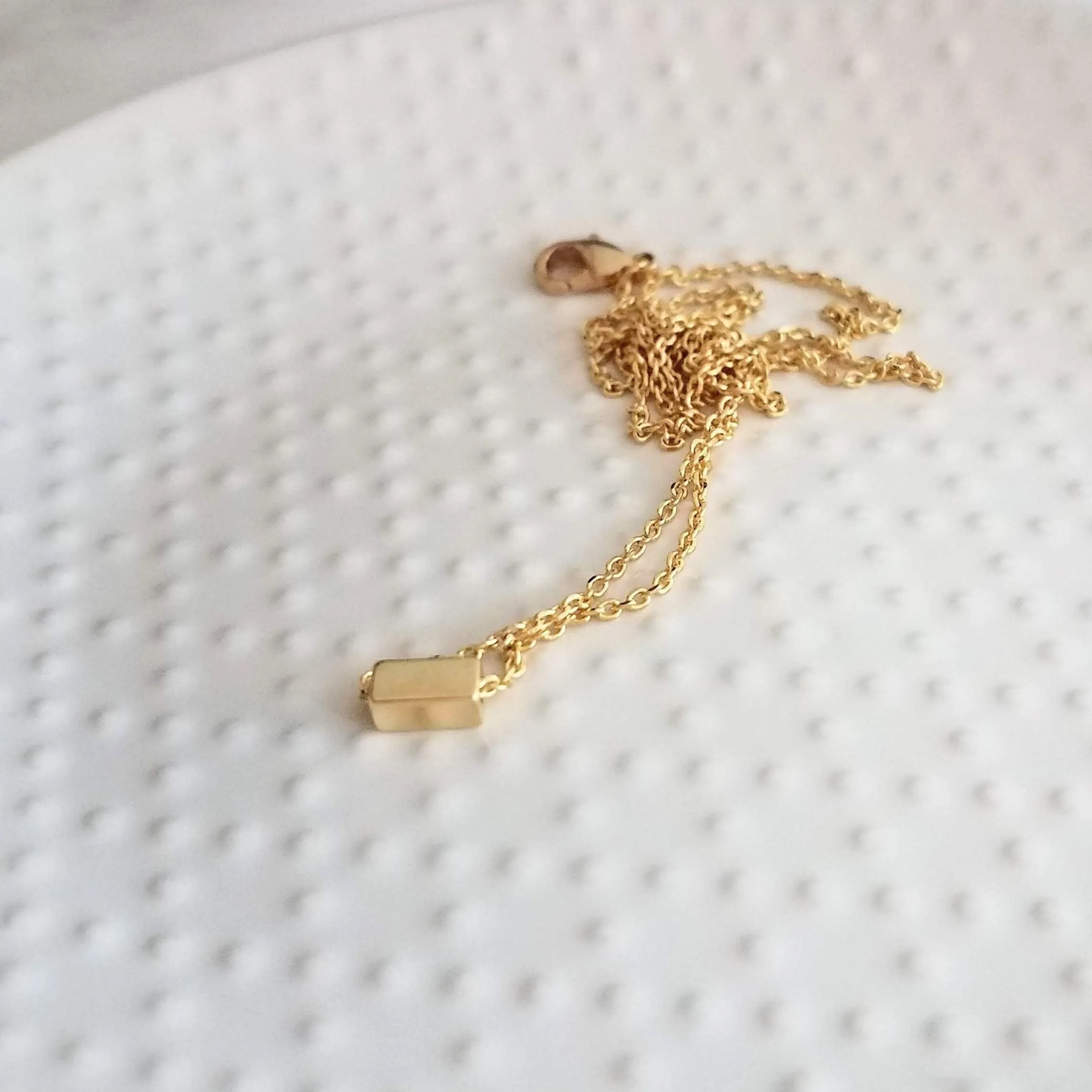 Gold Dash Necklace, tiny rectangle necklace, square tube bead, slider pendant, delicate chain, simple gold necklace, small gold bar necklace