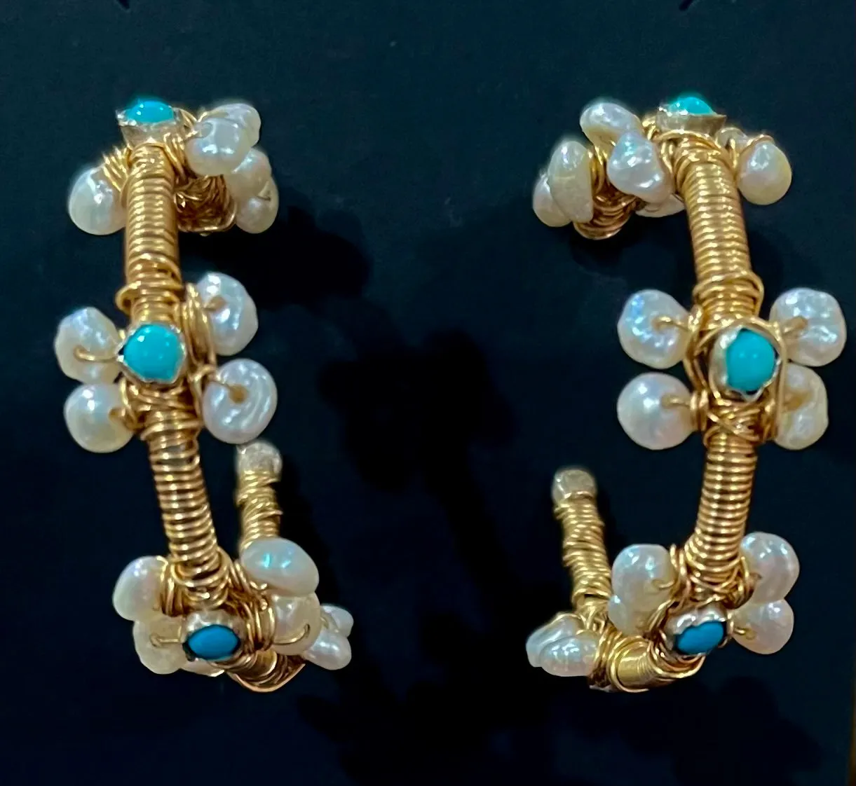 Gold-Filled Flower Turquoise & Freshwater Pearl Hoop Statement Earrings