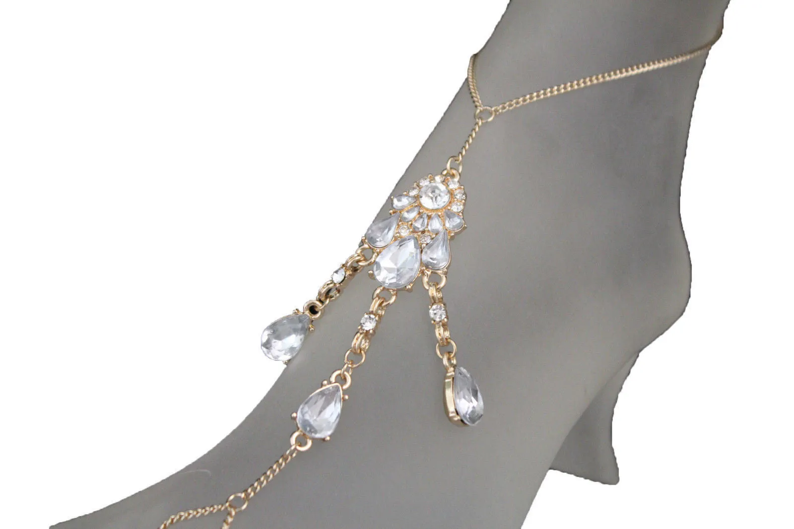 Gold Metal Chains Anklet Ethnic Bling Charm Foot Bracelet Clear Stones Accessories