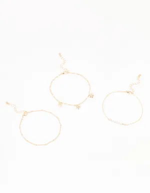 Gold Pearl Flower Drop Anklet 3-Pack