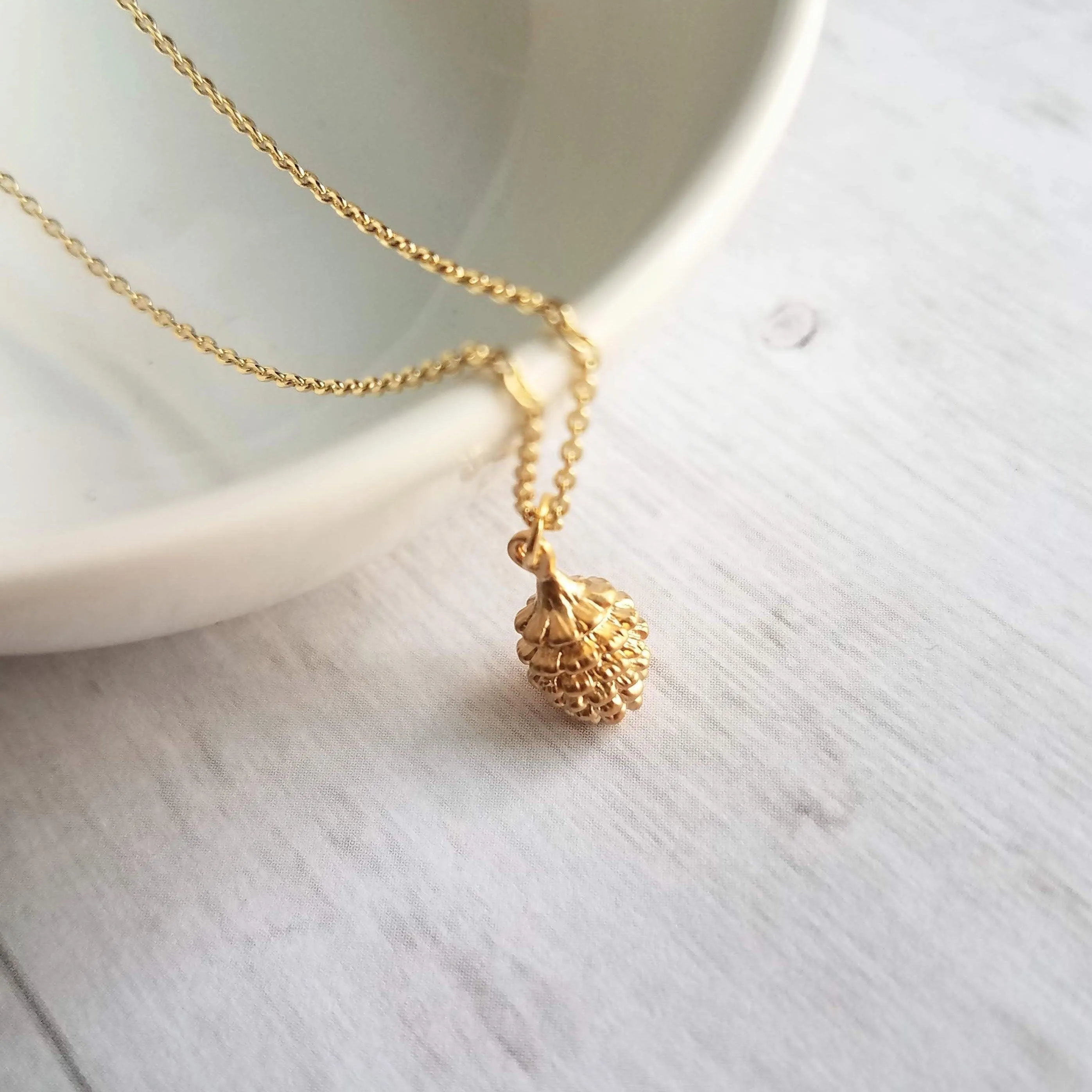 Gold Pine Cone Necklace, small pine cone pendant, gold pinecone, pine cone jewelry, matte gold necklace, dainty gold necklace, little fall