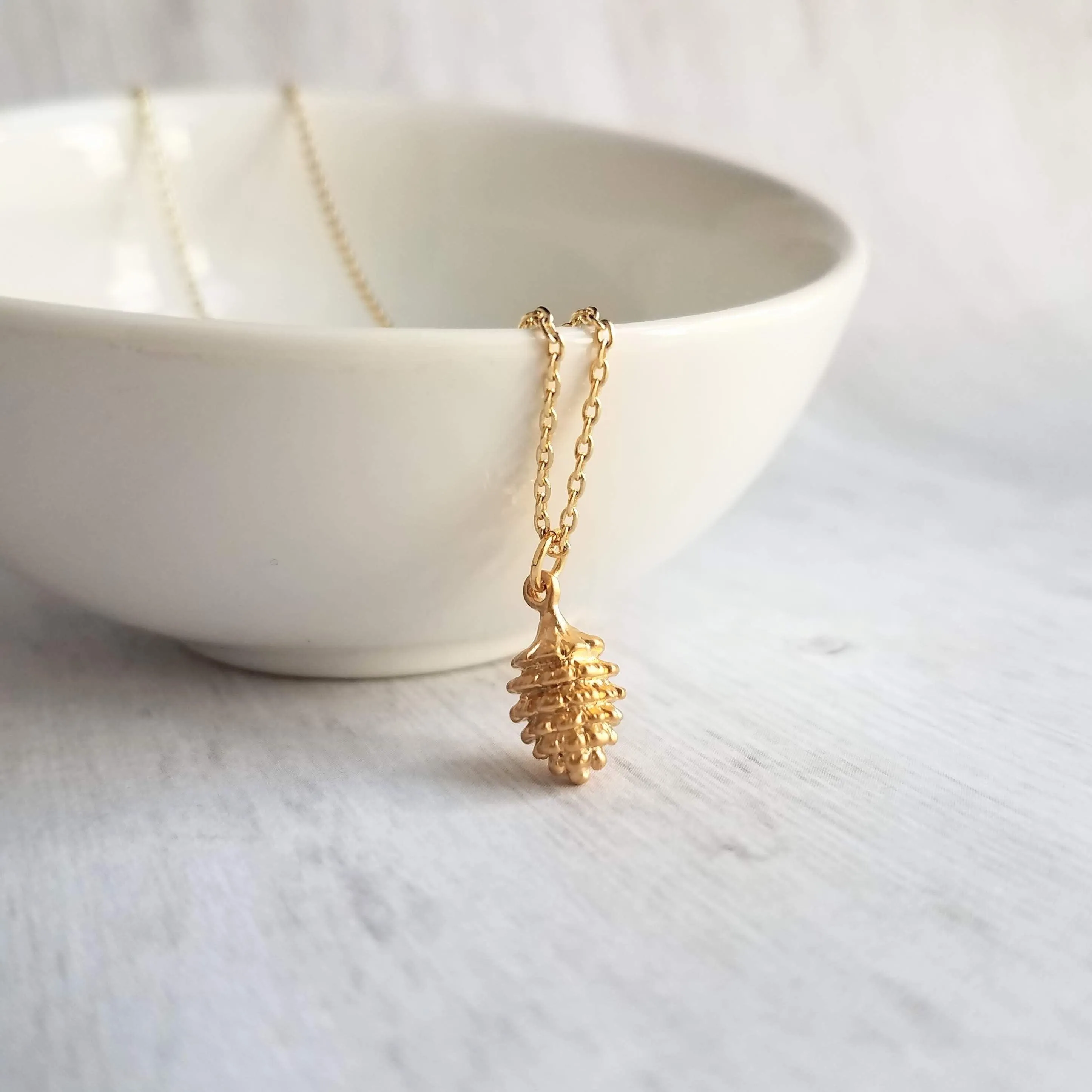 Gold Pine Cone Necklace, small pine cone pendant, gold pinecone, pine cone jewelry, matte gold necklace, dainty gold necklace, little fall