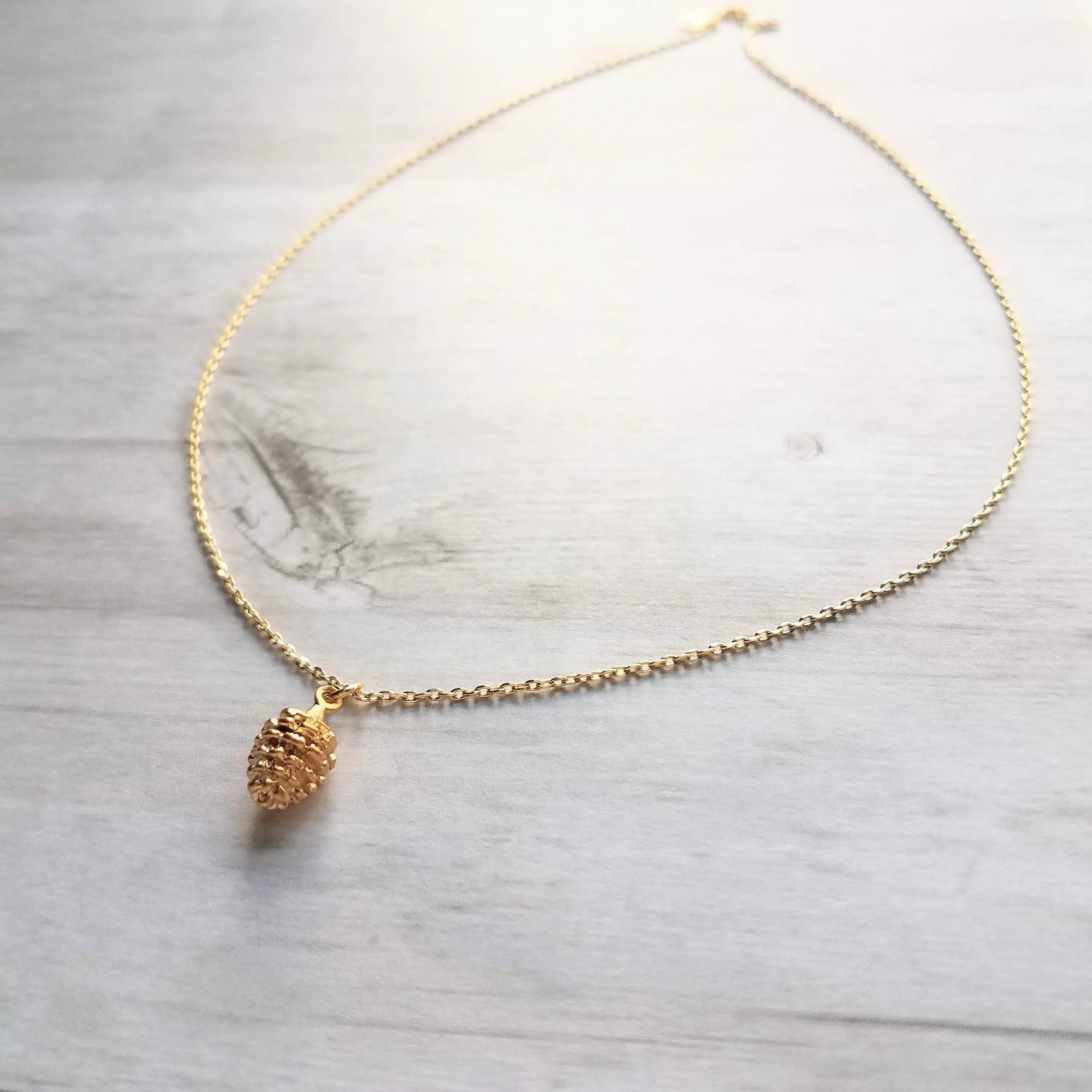 Gold Pine Cone Necklace, small pine cone pendant, gold pinecone, pine cone jewelry, matte gold necklace, dainty gold necklace, little fall