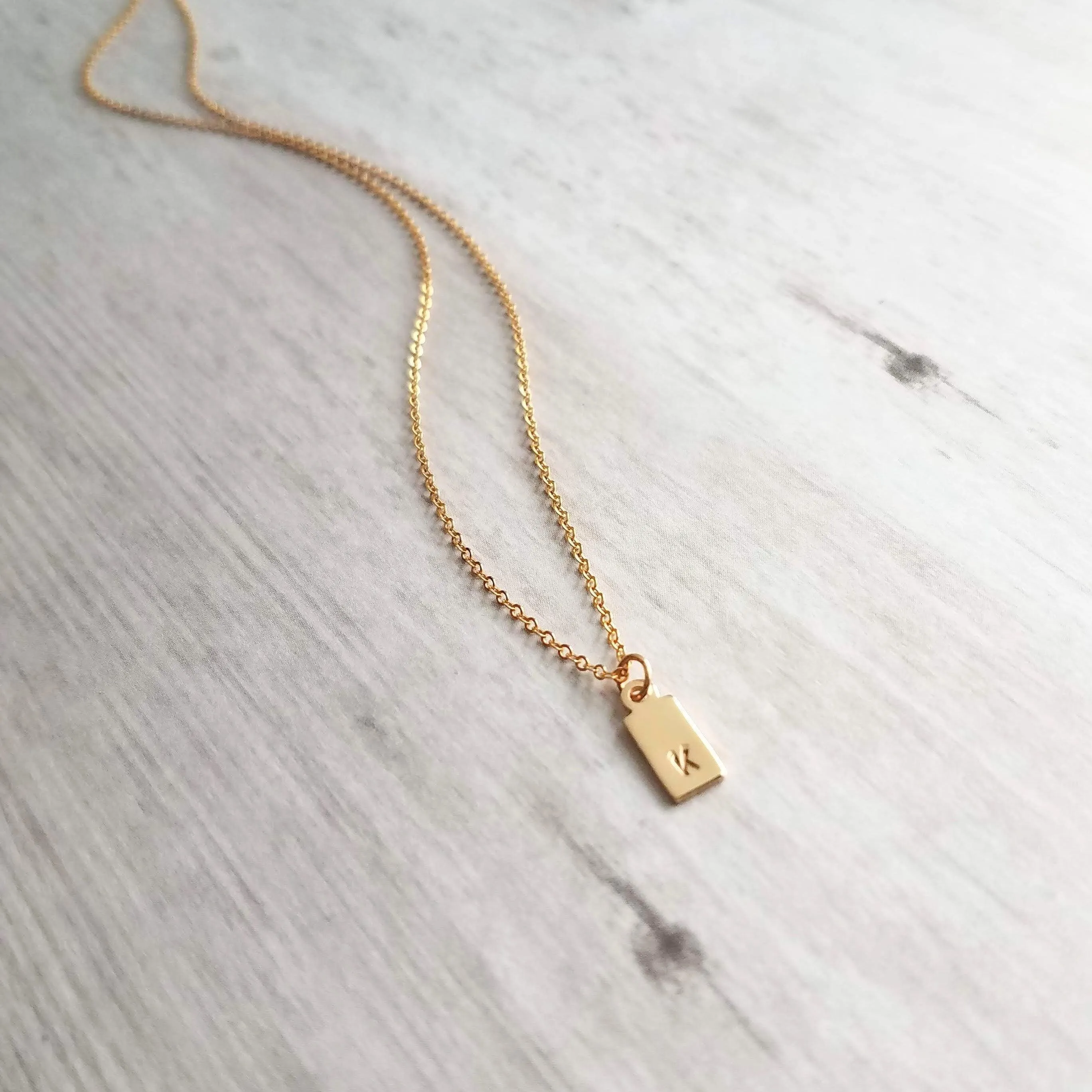 Gold Tag & Initial, 14 karat gold fill tag, gold tag necklace, gold fill chain, small hand stamped letter, small gold tag tiny rectangle tag