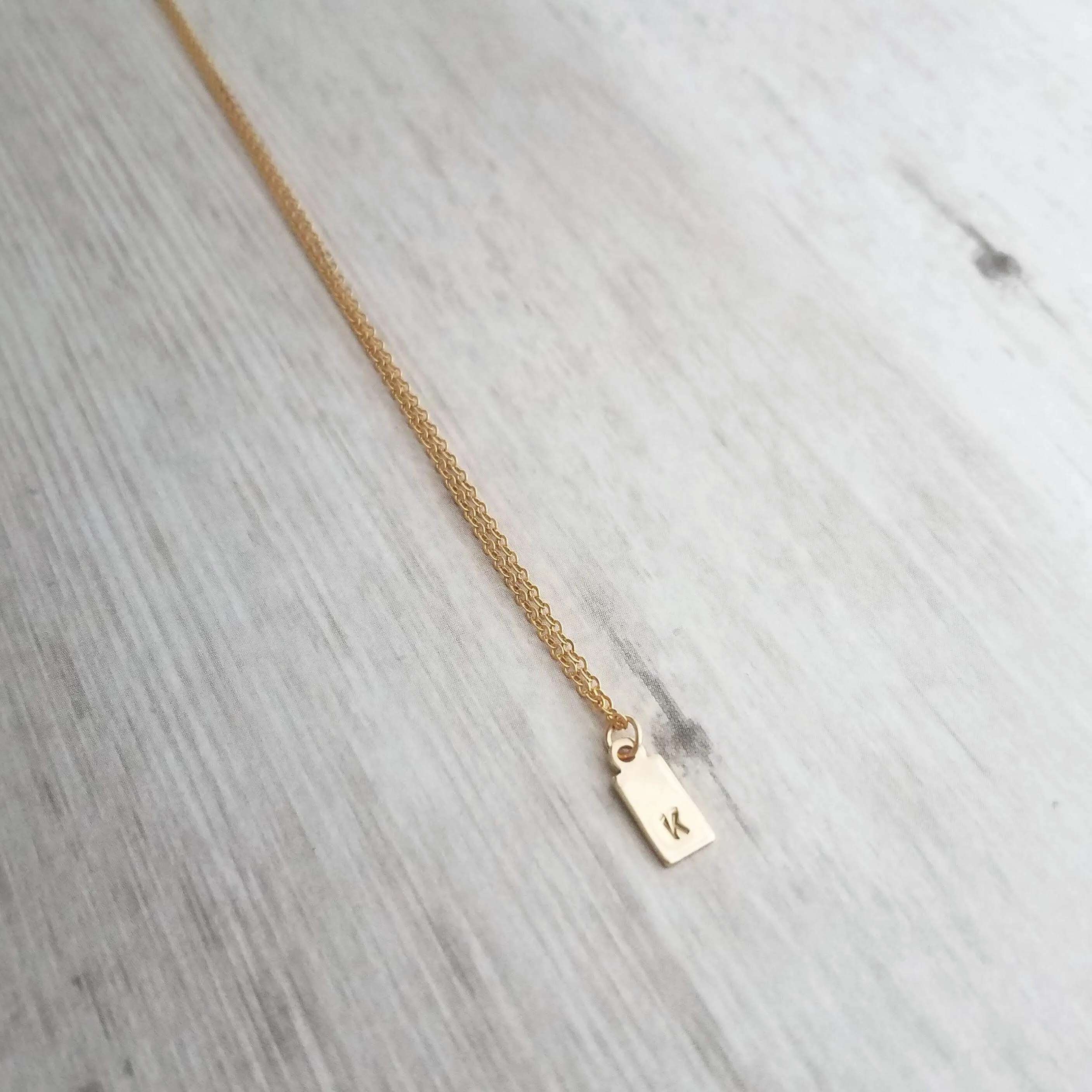Gold Tag & Initial, 14 karat gold fill tag, gold tag necklace, gold fill chain, small hand stamped letter, small gold tag tiny rectangle tag