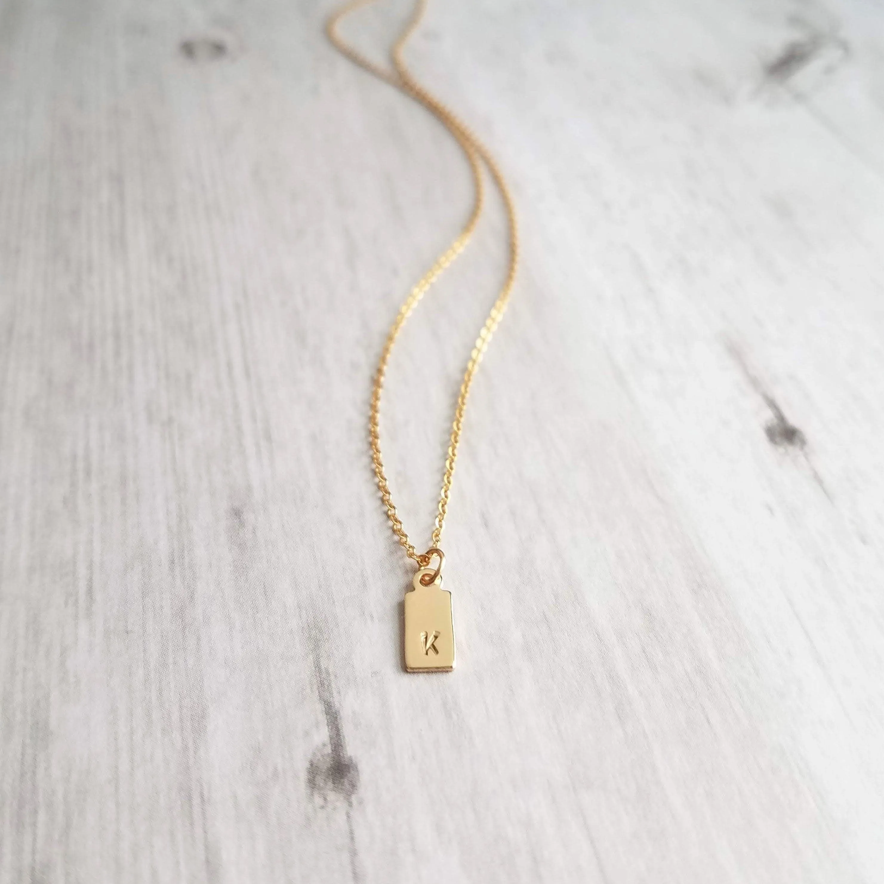 Gold Tag & Initial, 14 karat gold fill tag, gold tag necklace, gold fill chain, small hand stamped letter, small gold tag tiny rectangle tag