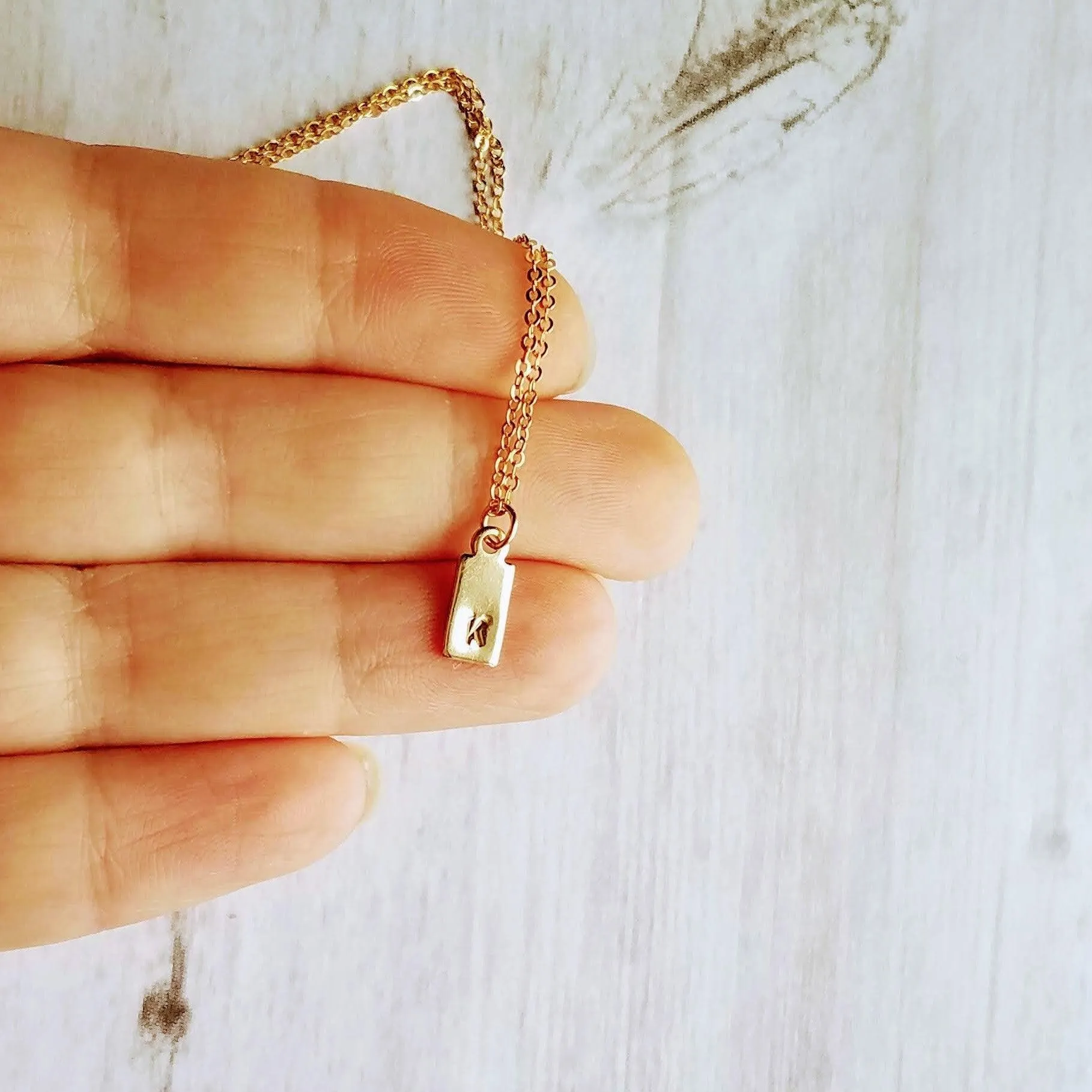 Gold Tag & Initial, 14 karat gold fill tag, gold tag necklace, gold fill chain, small hand stamped letter, small gold tag tiny rectangle tag