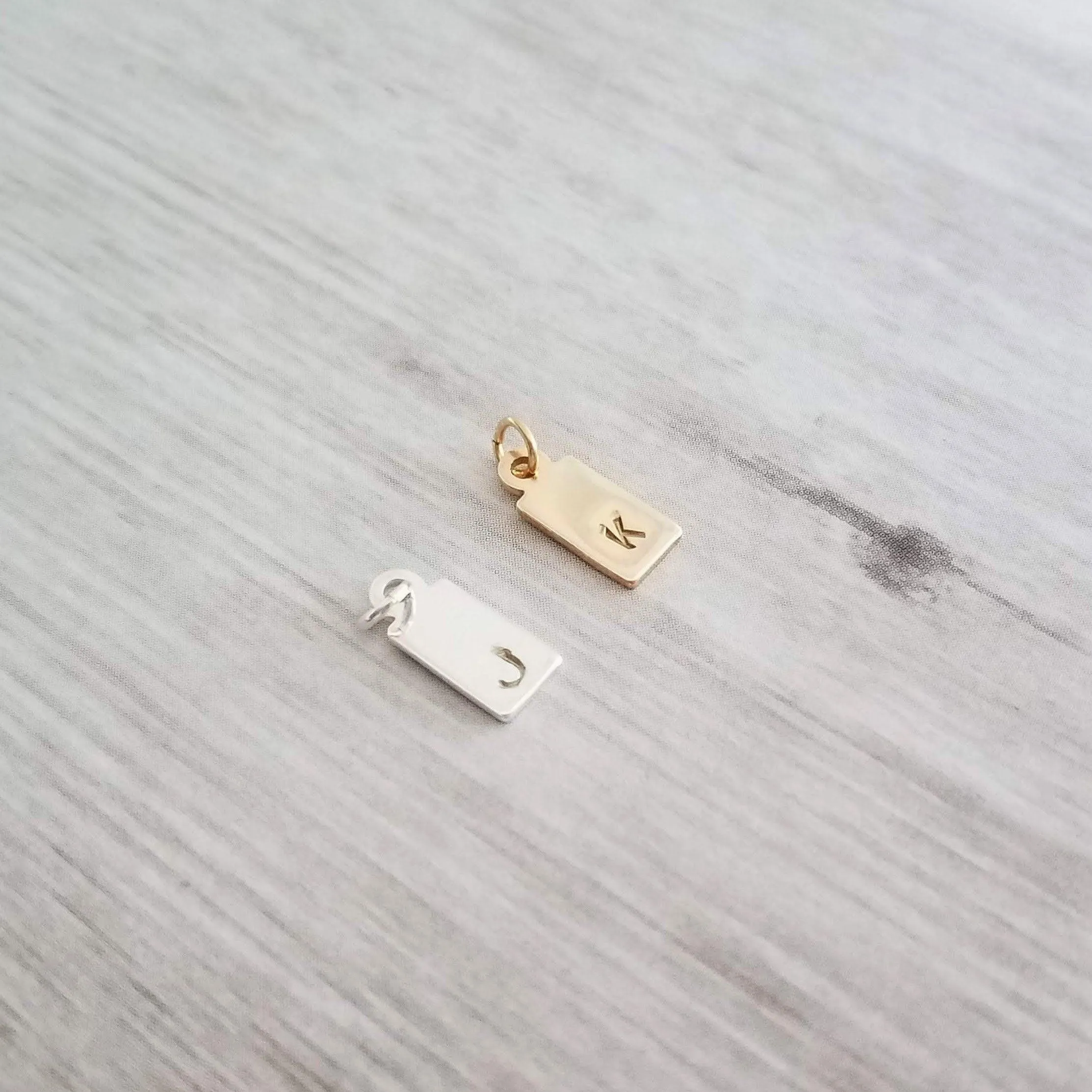 Gold Tag & Initial, 14 karat gold fill tag, gold tag necklace, gold fill chain, small hand stamped letter, small gold tag tiny rectangle tag