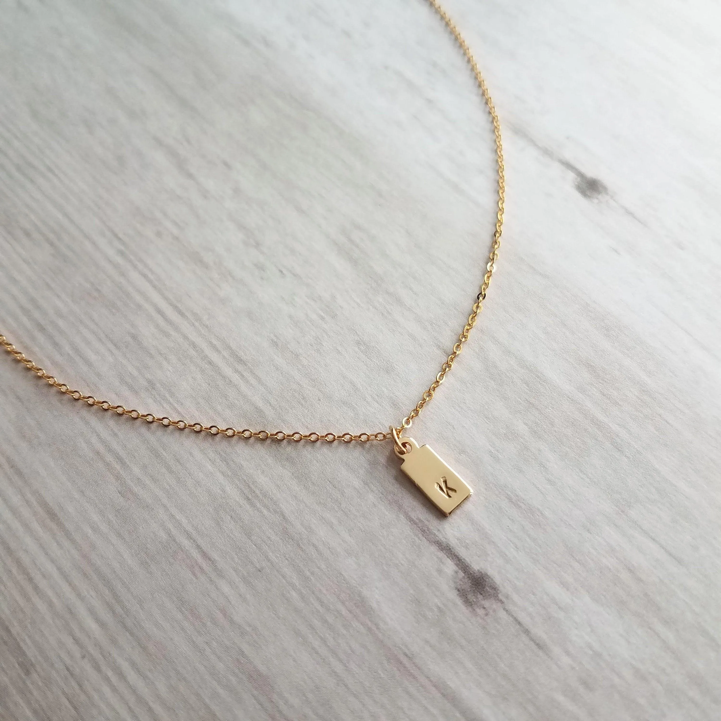 Gold Tag & Initial, 14 karat gold fill tag, gold tag necklace, gold fill chain, small hand stamped letter, small gold tag tiny rectangle tag