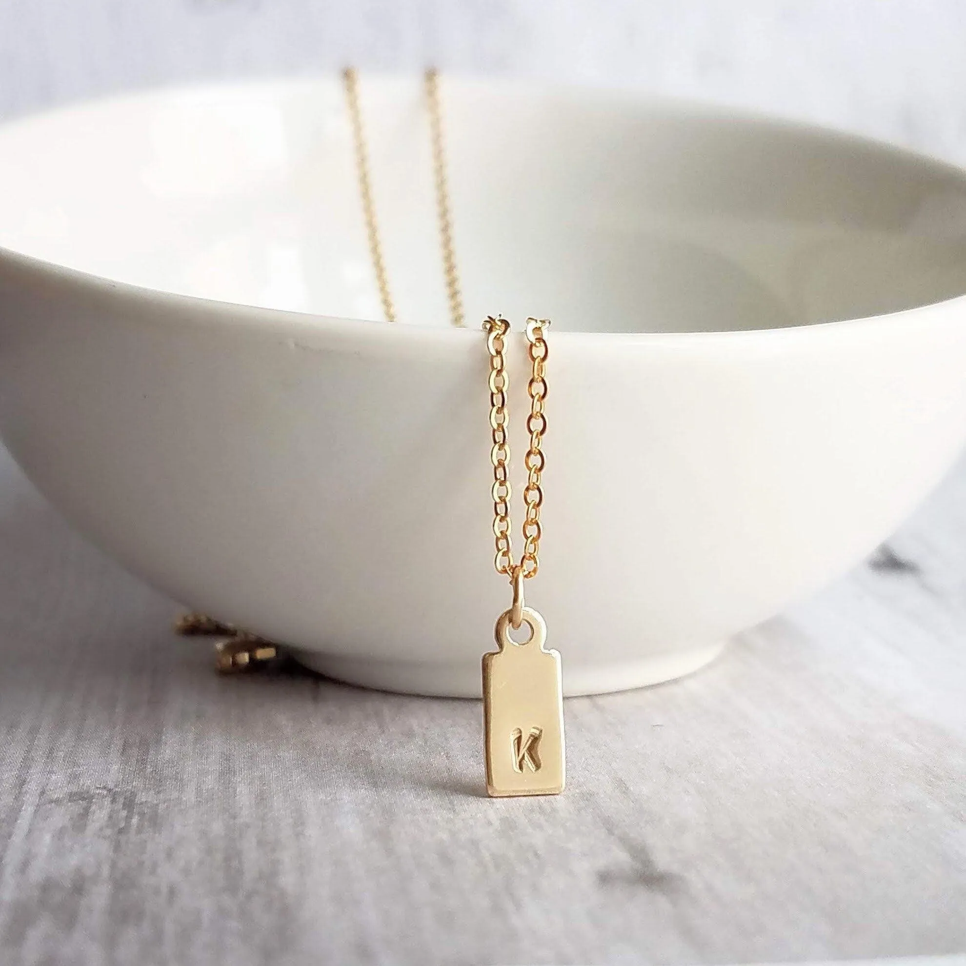 Gold Tag & Initial, 14 karat gold fill tag, gold tag necklace, gold fill chain, small hand stamped letter, small gold tag tiny rectangle tag