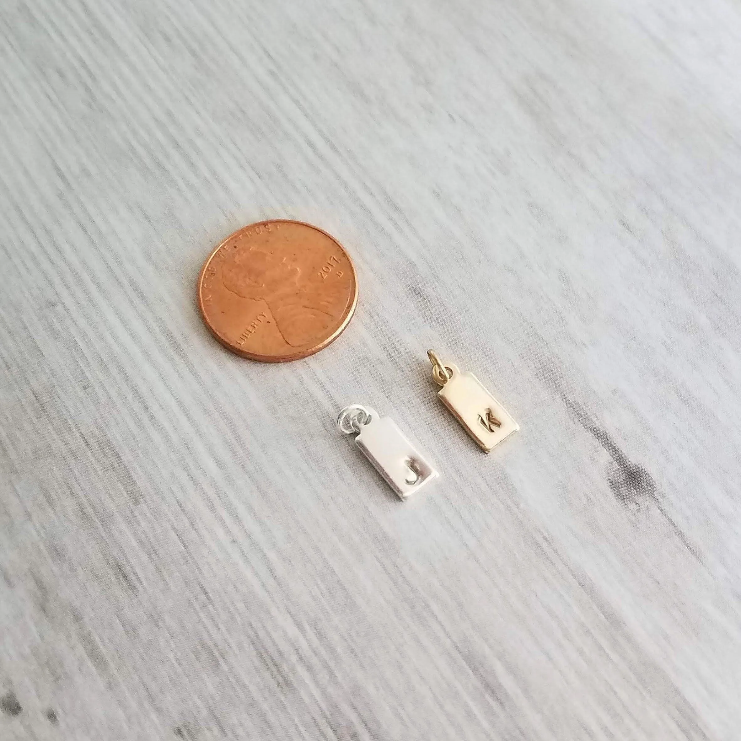 Gold Tag & Initial, 14 karat gold fill tag, gold tag necklace, gold fill chain, small hand stamped letter, small gold tag tiny rectangle tag