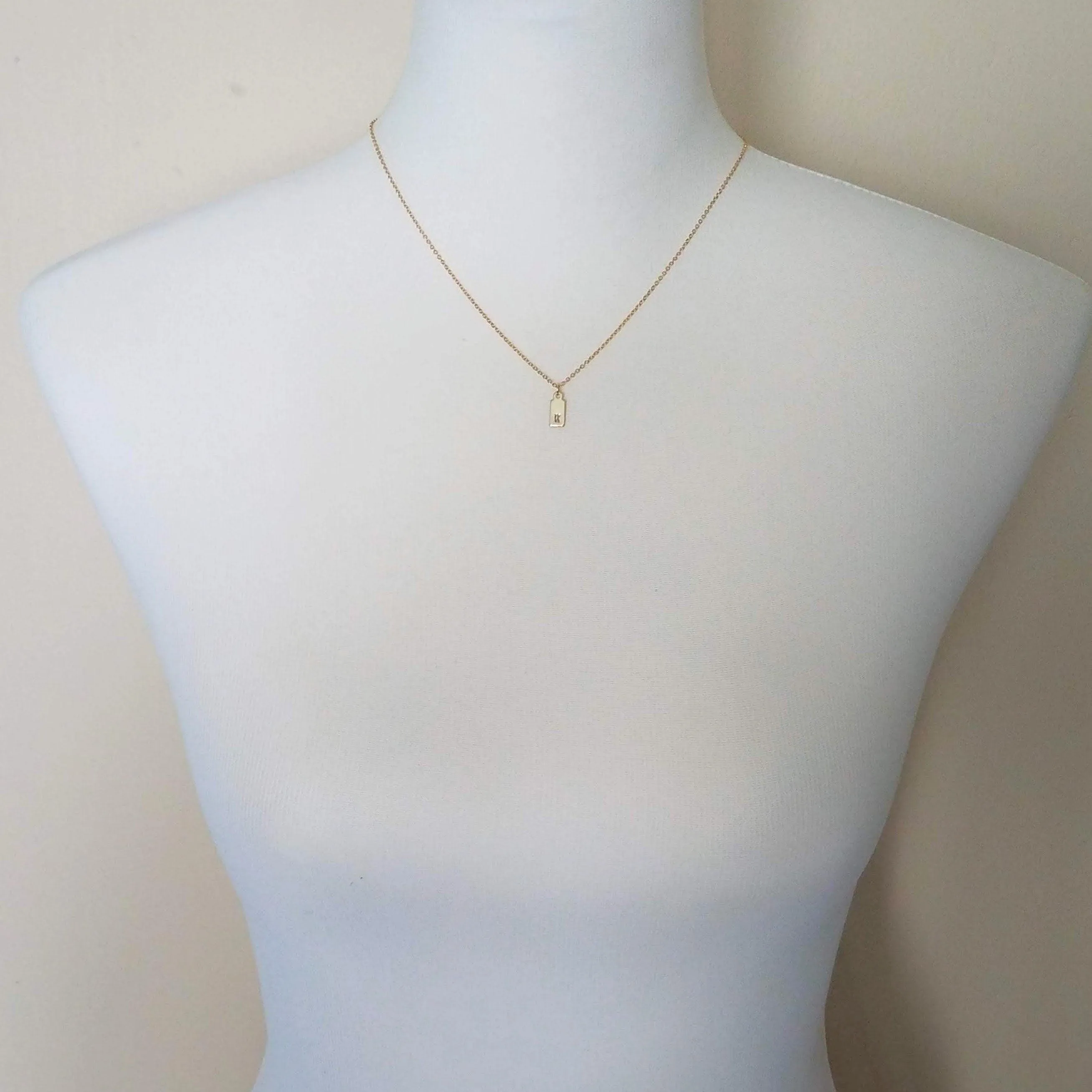 Gold Tag & Initial, 14 karat gold fill tag, gold tag necklace, gold fill chain, small hand stamped letter, small gold tag tiny rectangle tag