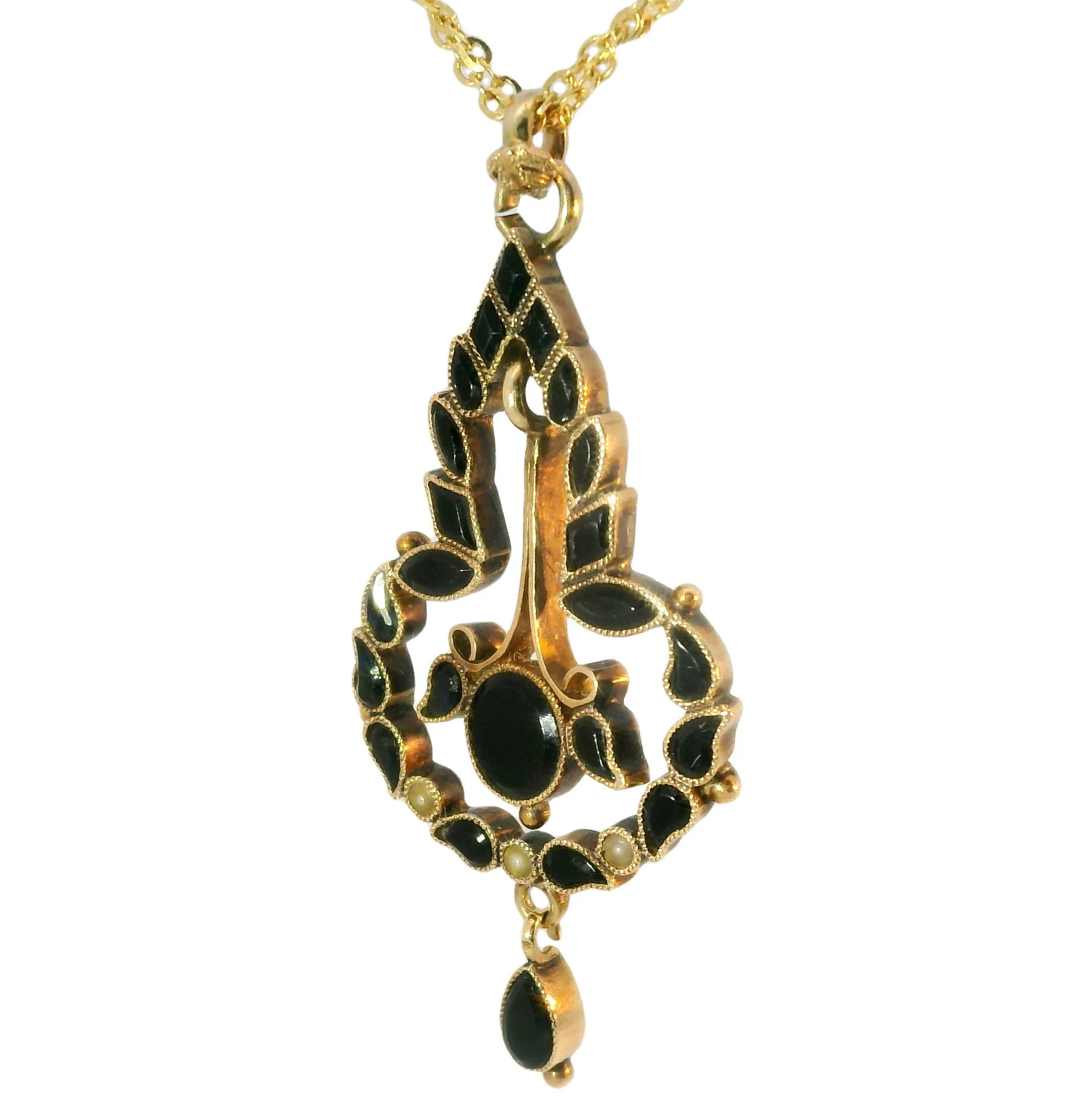 Gorgeous Antique 14K Pink Rose Gold Black Onyx Seed Pearl Mourning Pendant Slide
