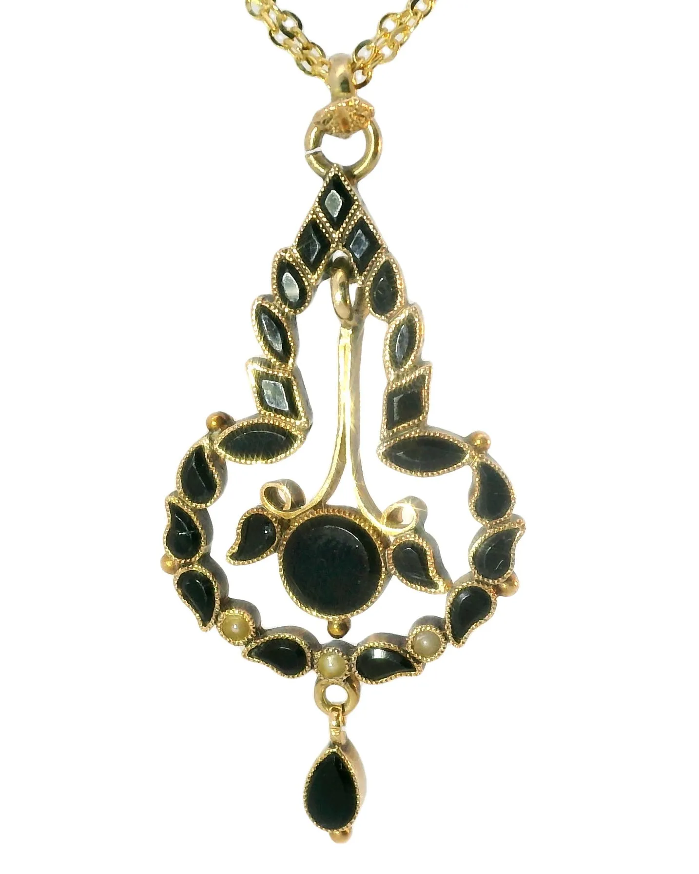 Gorgeous Antique 14K Pink Rose Gold Black Onyx Seed Pearl Mourning Pendant Slide