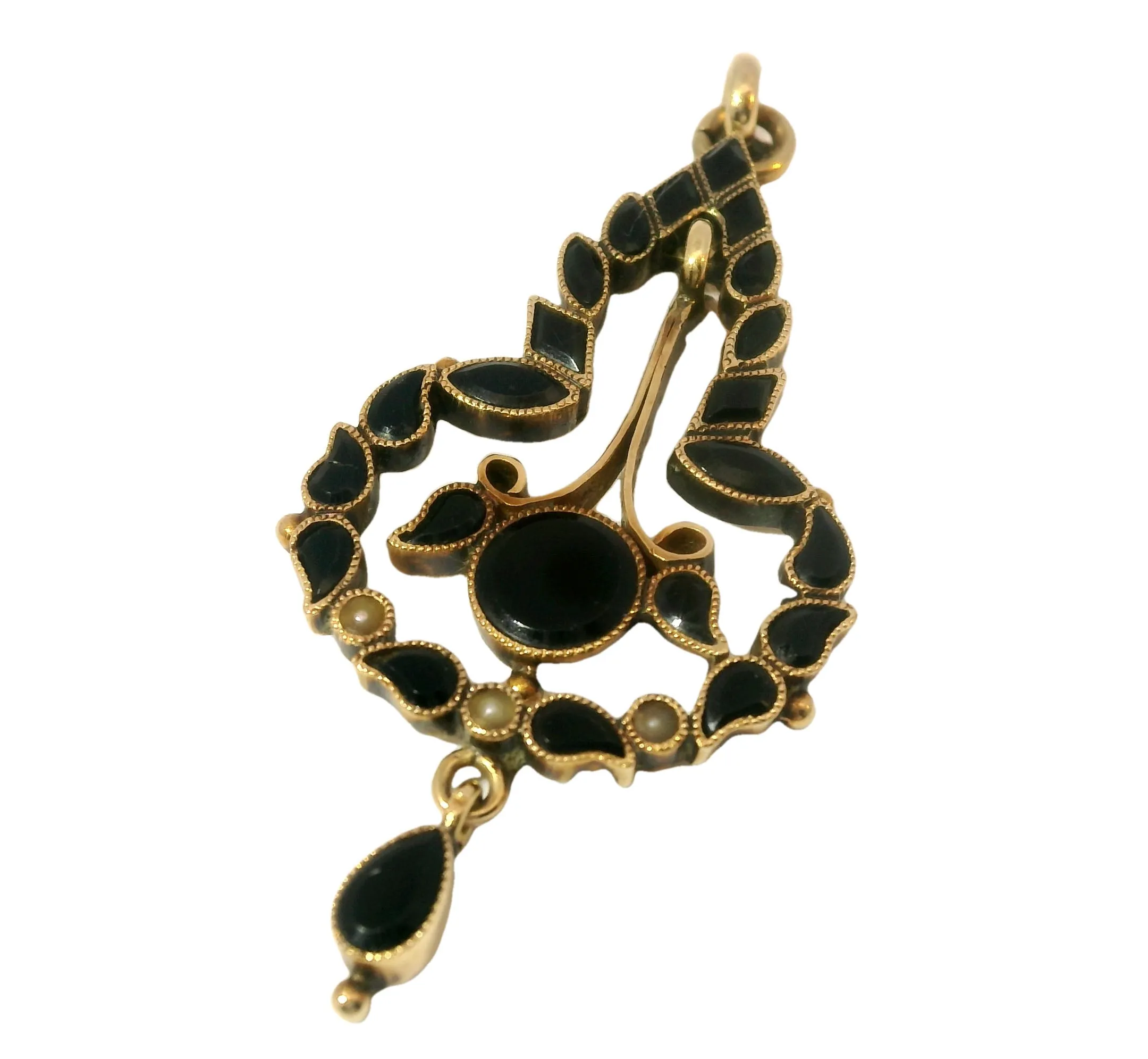 Gorgeous Antique 14K Pink Rose Gold Black Onyx Seed Pearl Mourning Pendant Slide