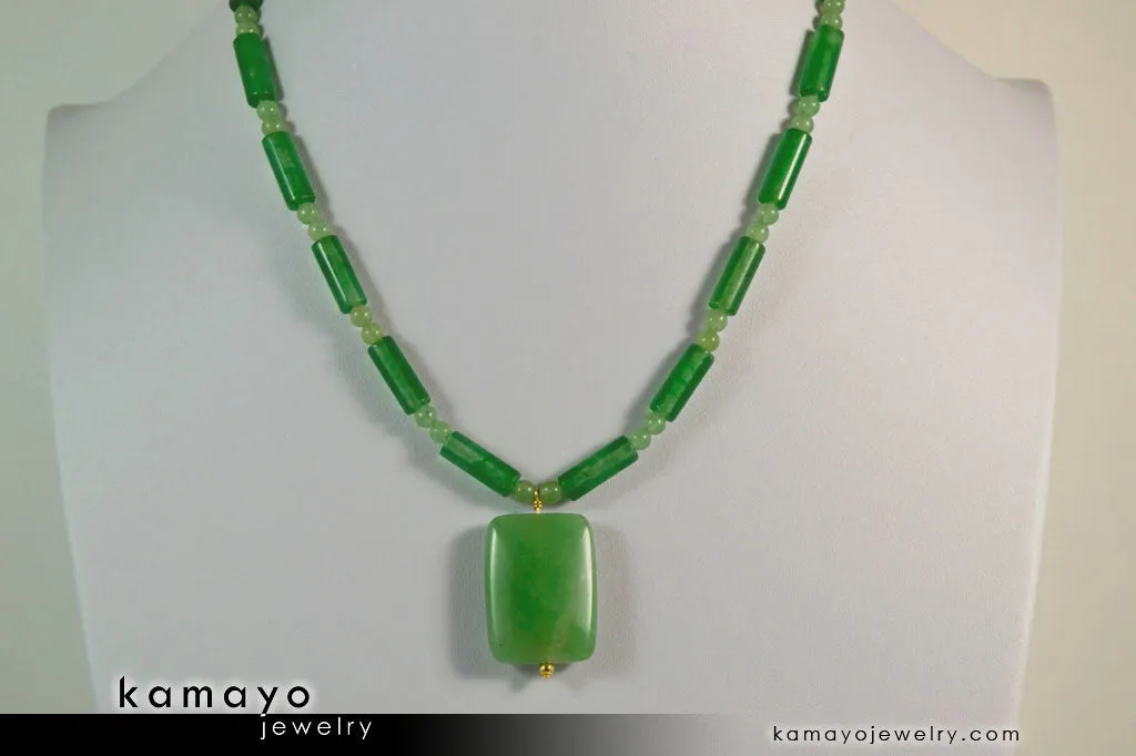 GREEN AVENTURINE NECKLACE - Rectangle Aventurine Pendant and Round Beads