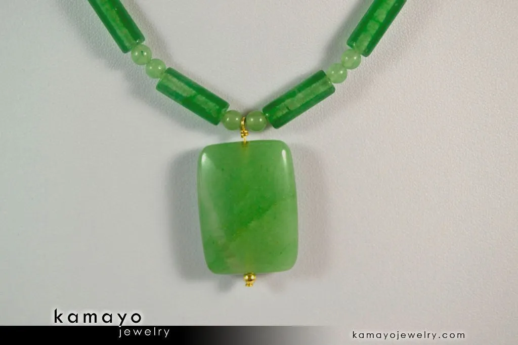 GREEN AVENTURINE NECKLACE - Rectangle Aventurine Pendant and Round Beads