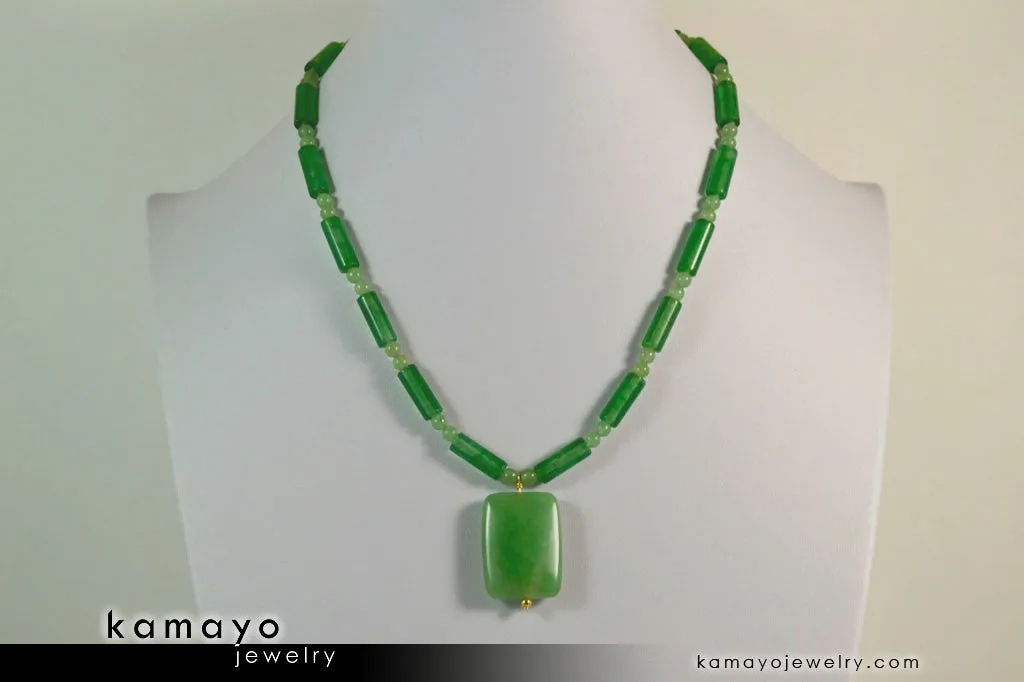 GREEN AVENTURINE NECKLACE - Rectangle Aventurine Pendant and Round Beads