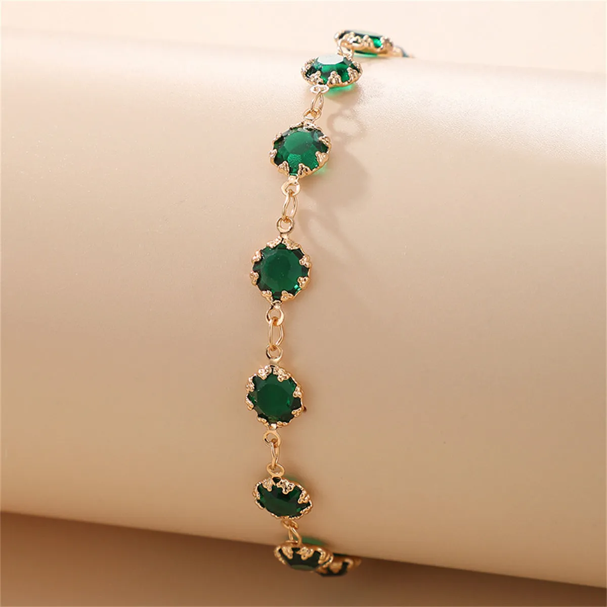 Green Cubic Zirconia & 18K Gold-Plated Round-Cut Anklet