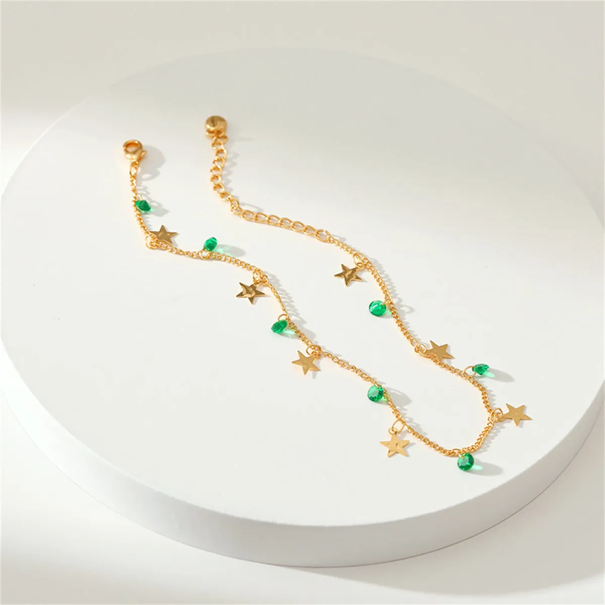 Green Cubic Zirconia & 18K Gold-Plated Star Station Anklet