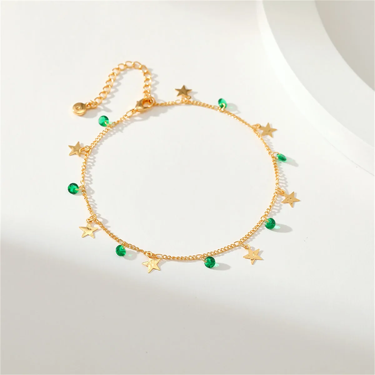 Green Cubic Zirconia & 18K Gold-Plated Star Station Anklet