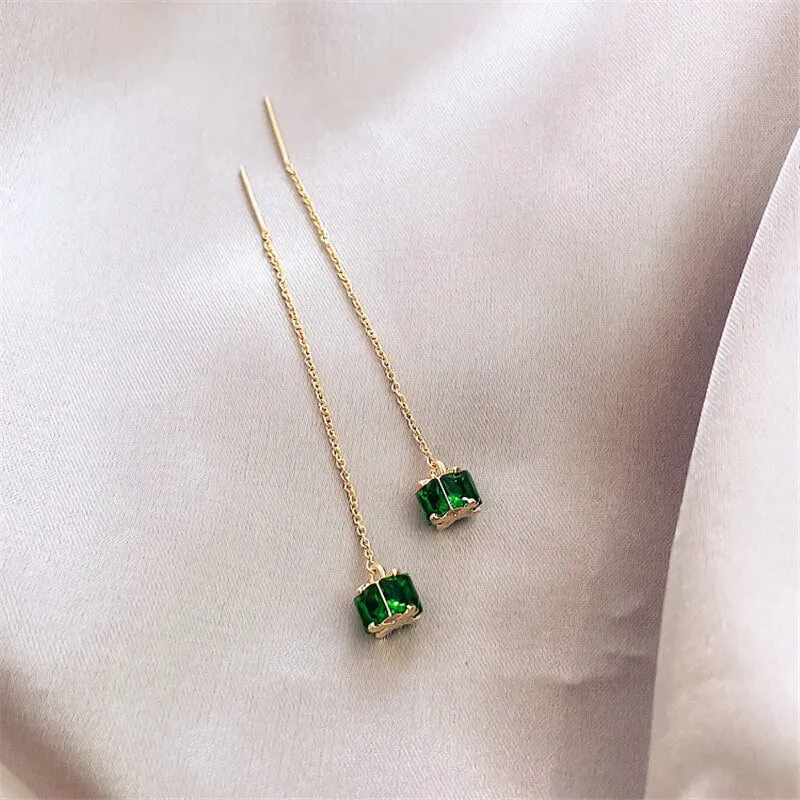 Green Emerald Gemstone Long Earrings Pendant for Women Jewelry
