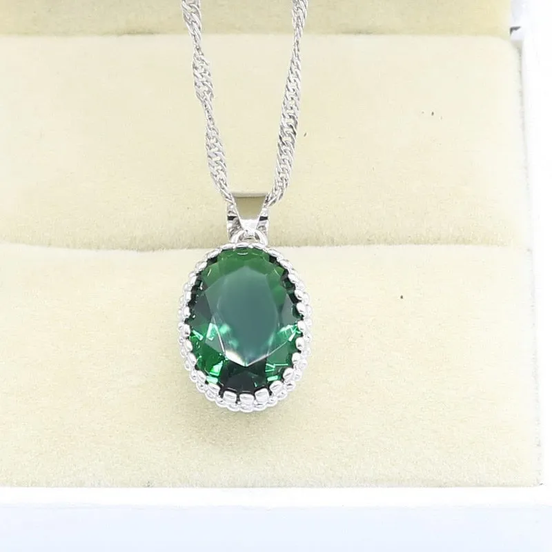 Green Emerald Silver 925 Jewelry Set Women Ring Necklace Pendant Jewelry