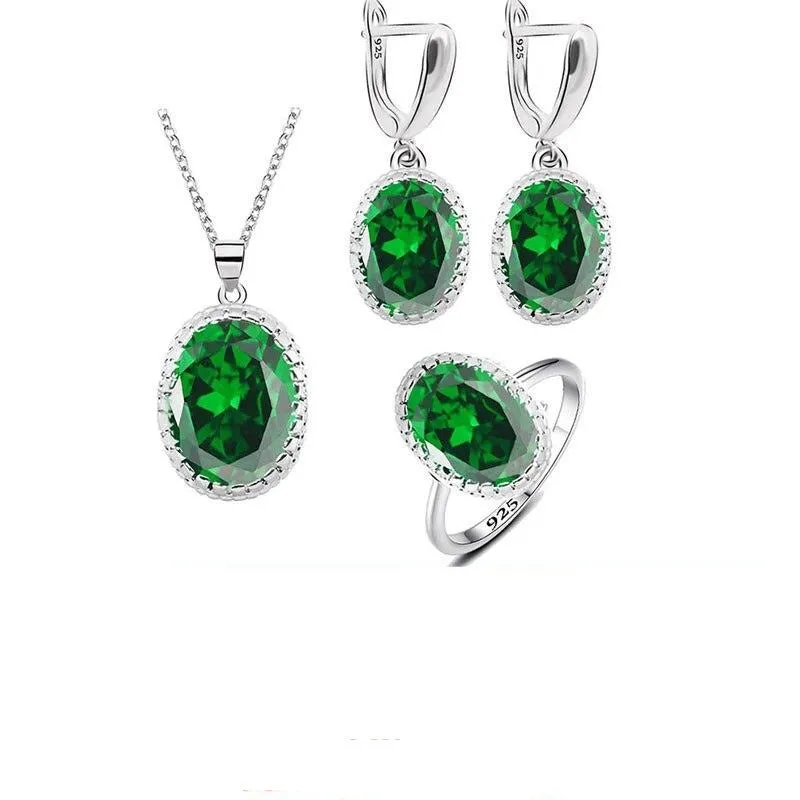 Green Emerald Silver 925 Jewelry Set Women Ring Necklace Pendant Jewelry
