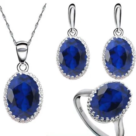 Green Emerald Silver 925 Jewelry Set Women Ring Necklace Pendant Jewelry