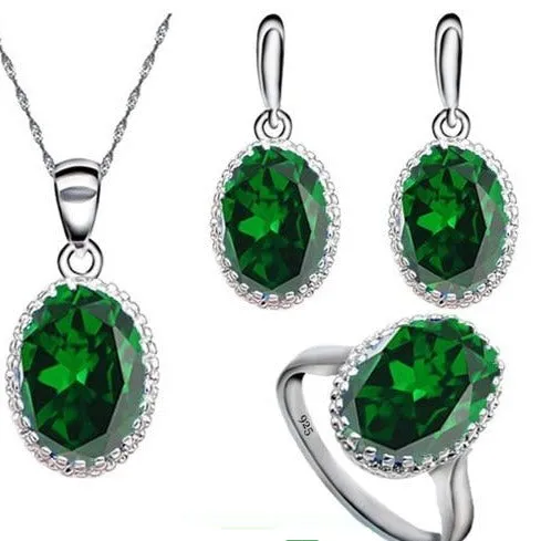Green Emerald Silver 925 Jewelry Set Women Ring Necklace Pendant Jewelry