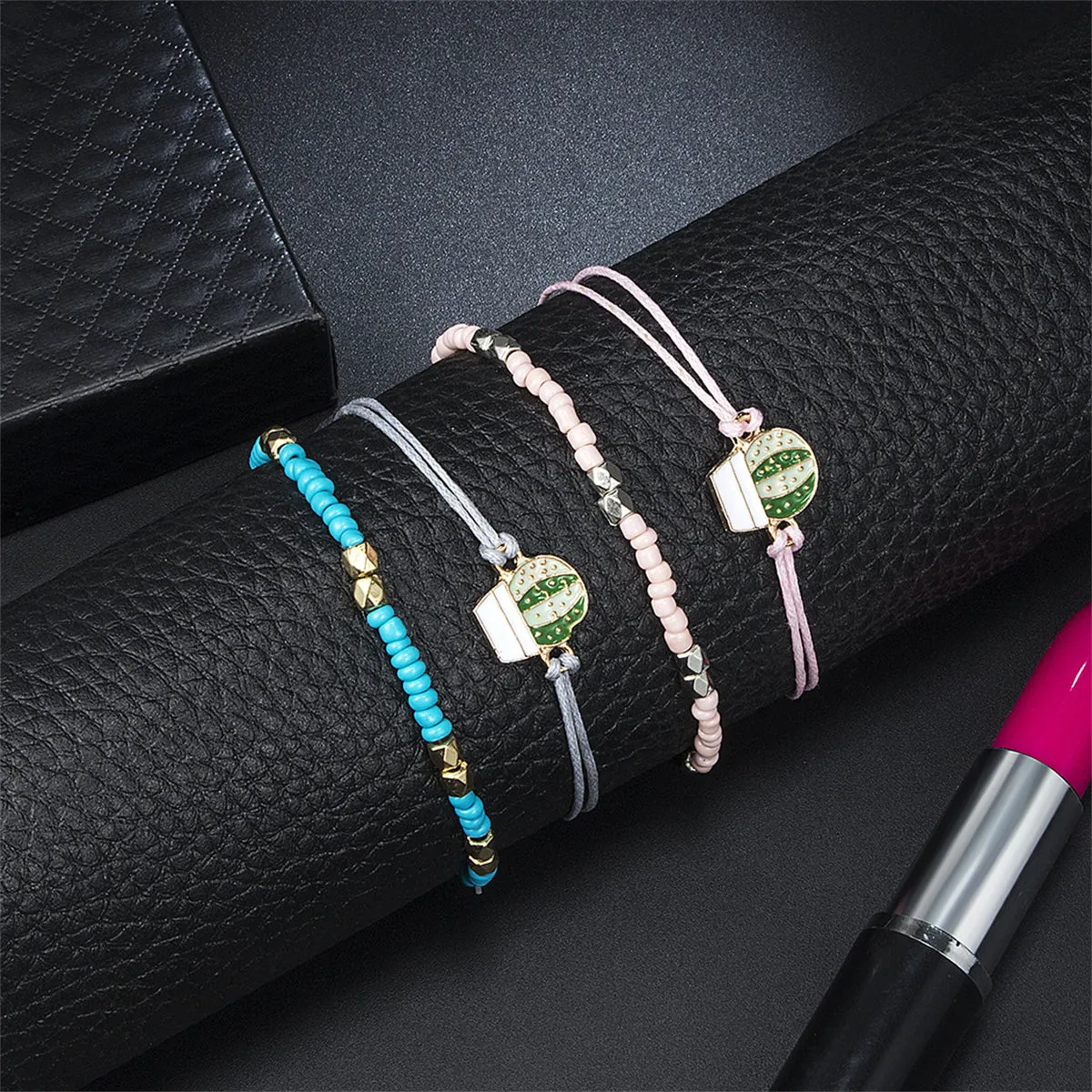 Green Enamel & Turquoise 18K Gold-Plated Cactus Charm Anklet Set