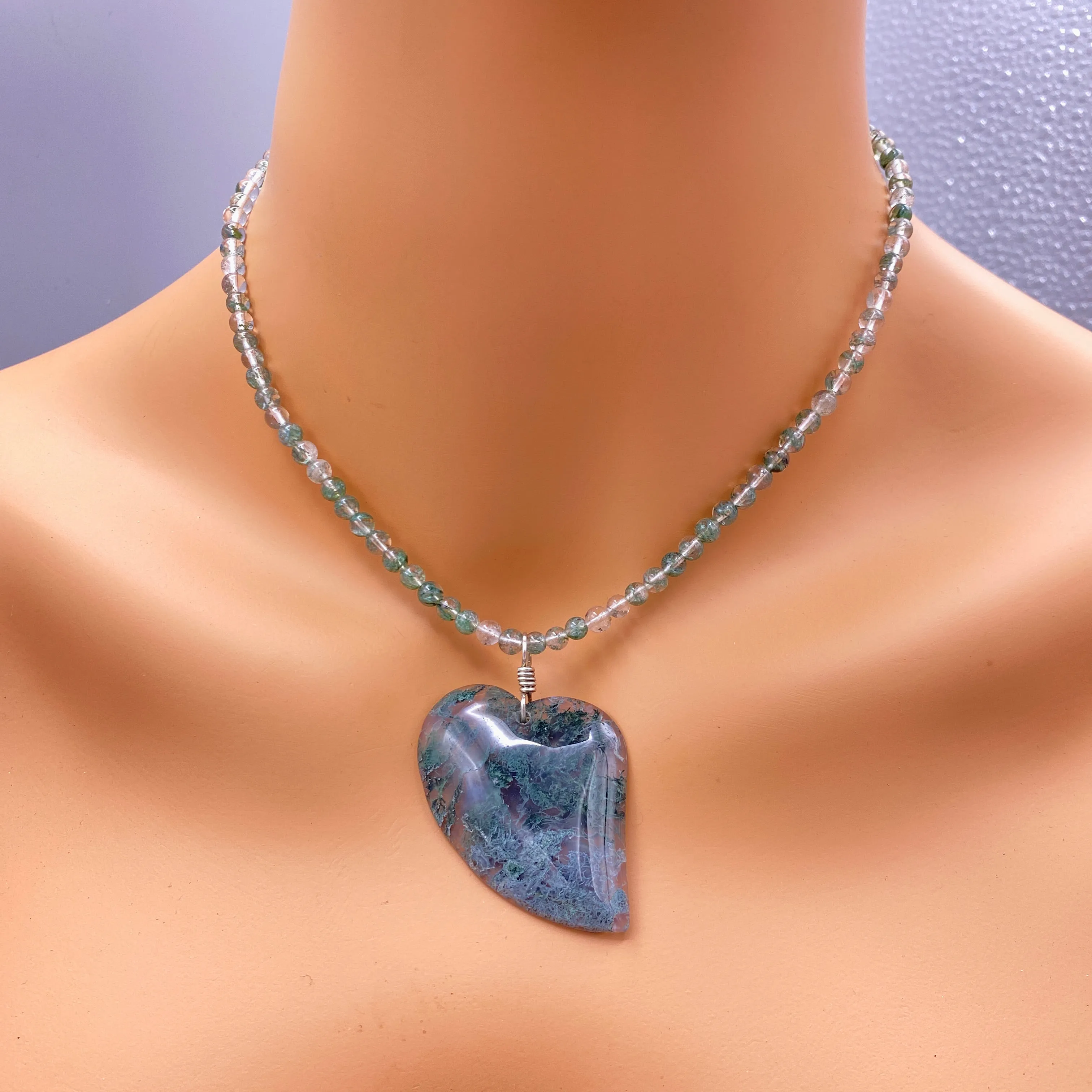 Green Moss Agate Gemstone Heart on Beaded 4mm Green Moss Agate Necklace w/ Sterling Silver Clasp