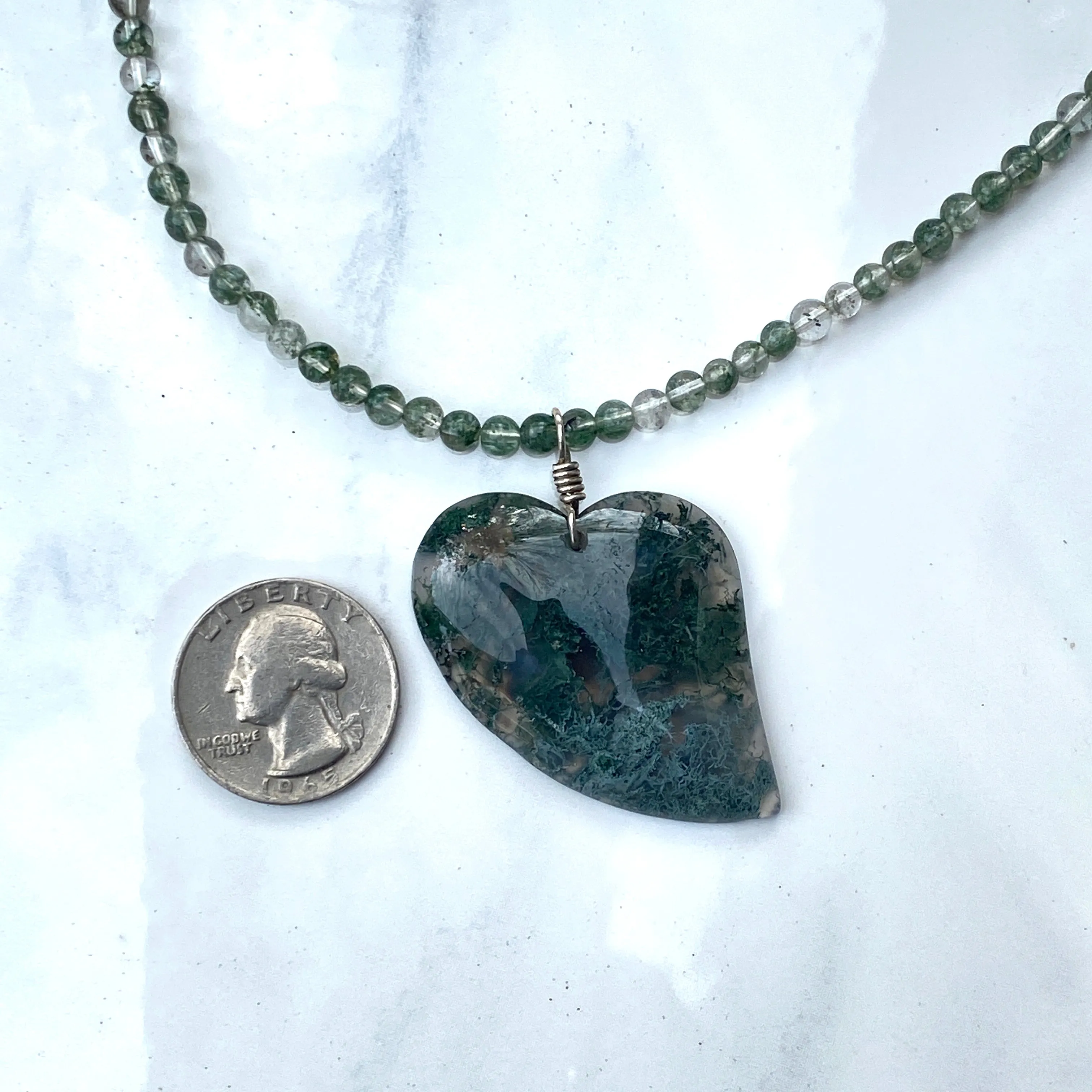 Green Moss Agate Gemstone Heart on Beaded 4mm Green Moss Agate Necklace w/ Sterling Silver Clasp