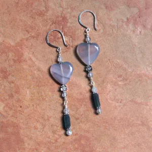 Grey Agate gemstone Hearts, Labradorites, Black Moonstones, Sterling Silver Drop Earrings