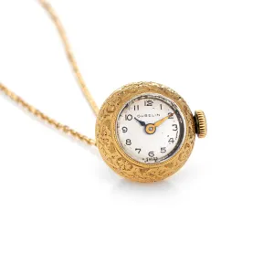 Gubelin Pendant Watch Vintage 18k Gold Etched Design Round Orb Necklace Jewelry
