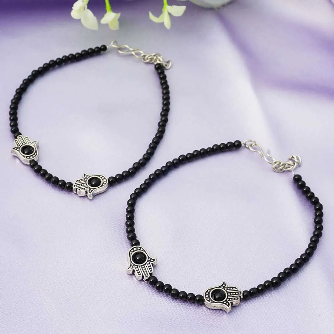 Hamsa Hand Black Beaded Anklets