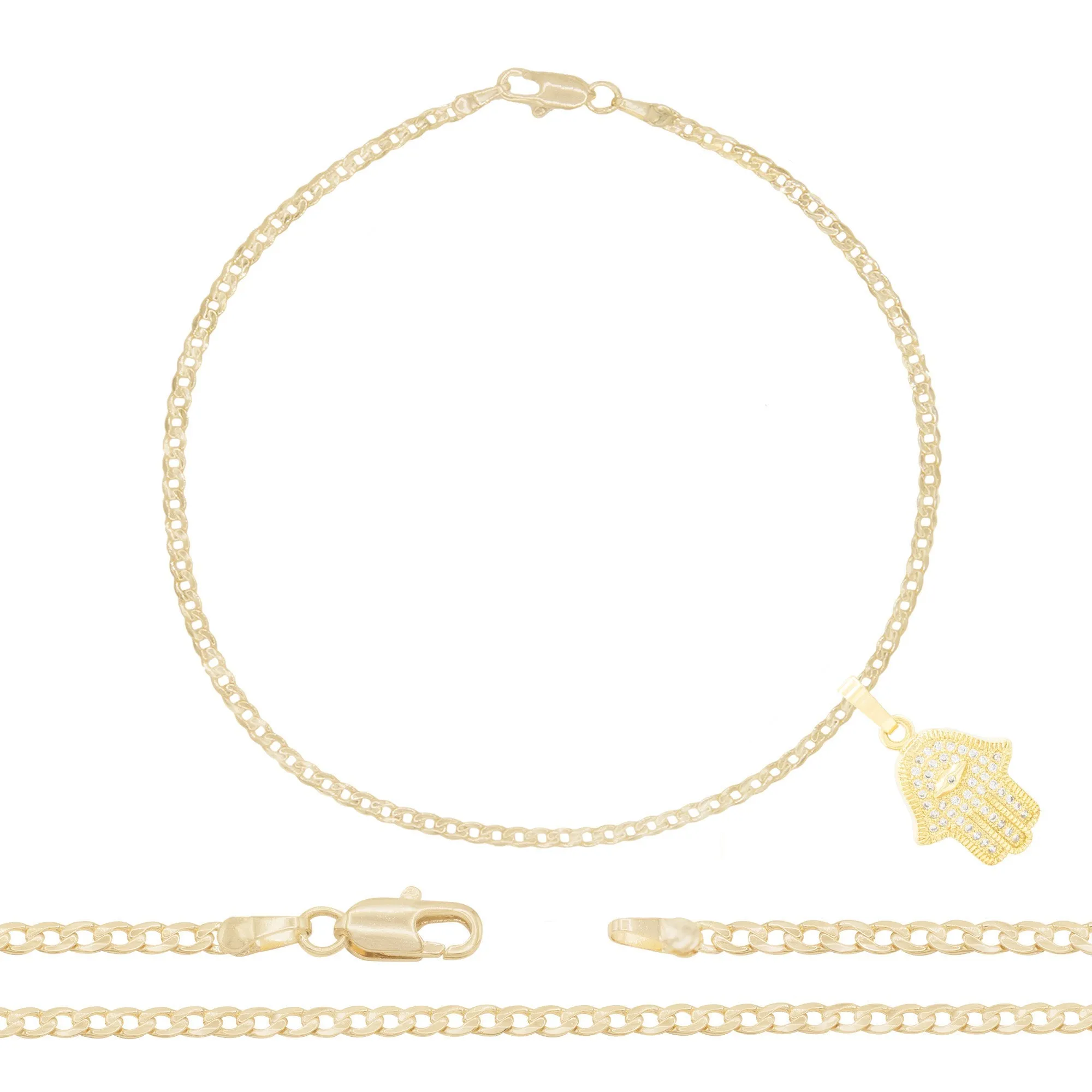 Hamsa Pendant 14K Gold Filled Cubic Zirconia Anklet 10" Set 2.5 mmWomen Jewelry