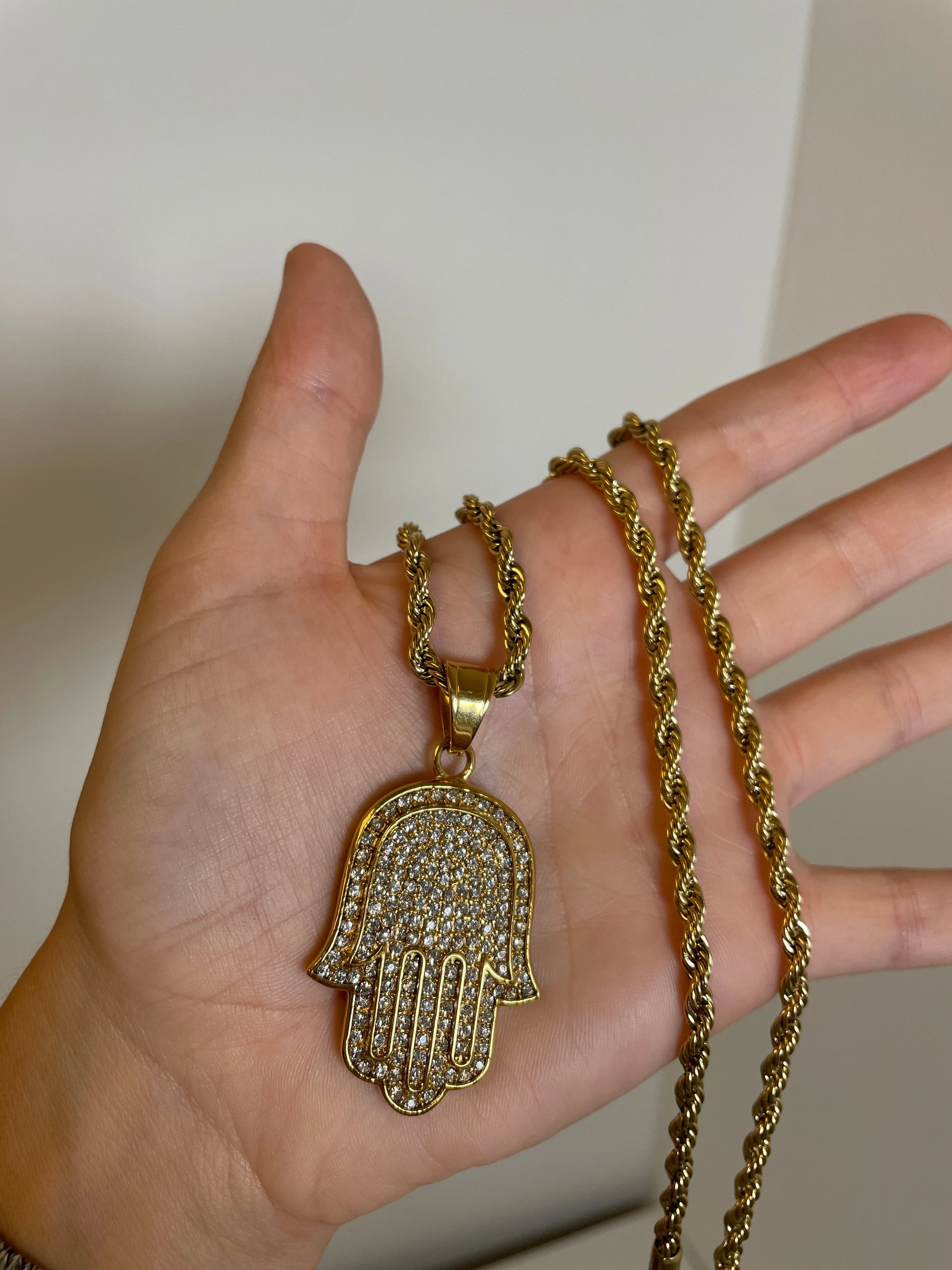 Hamsa Pendant with 14K Gold Filled Rope Necklace 4mm 24" Chain Set for Men or Women