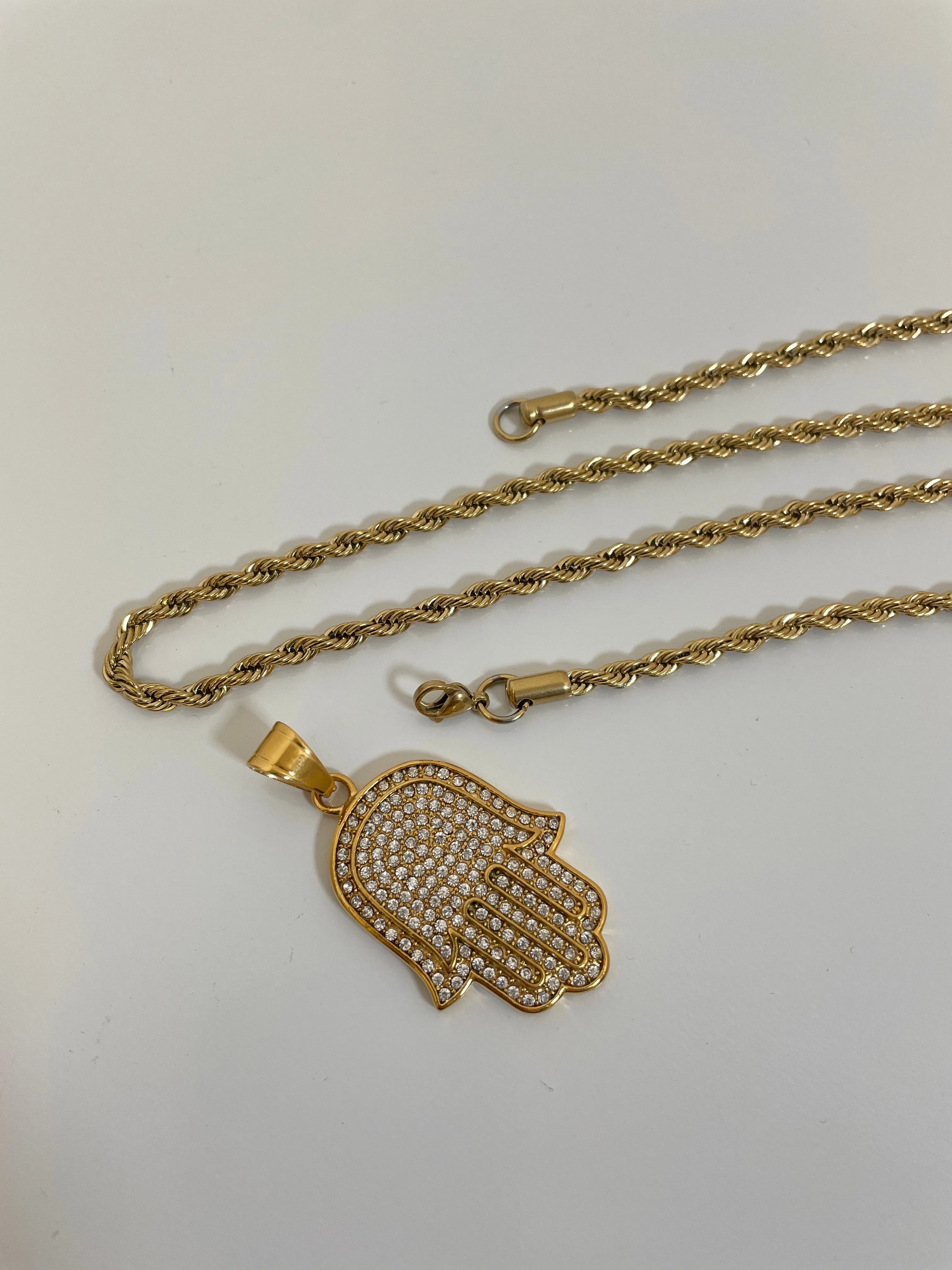 Hamsa Pendant with 14K Gold Filled Rope Necklace 4mm 24" Chain Set for Men or Women