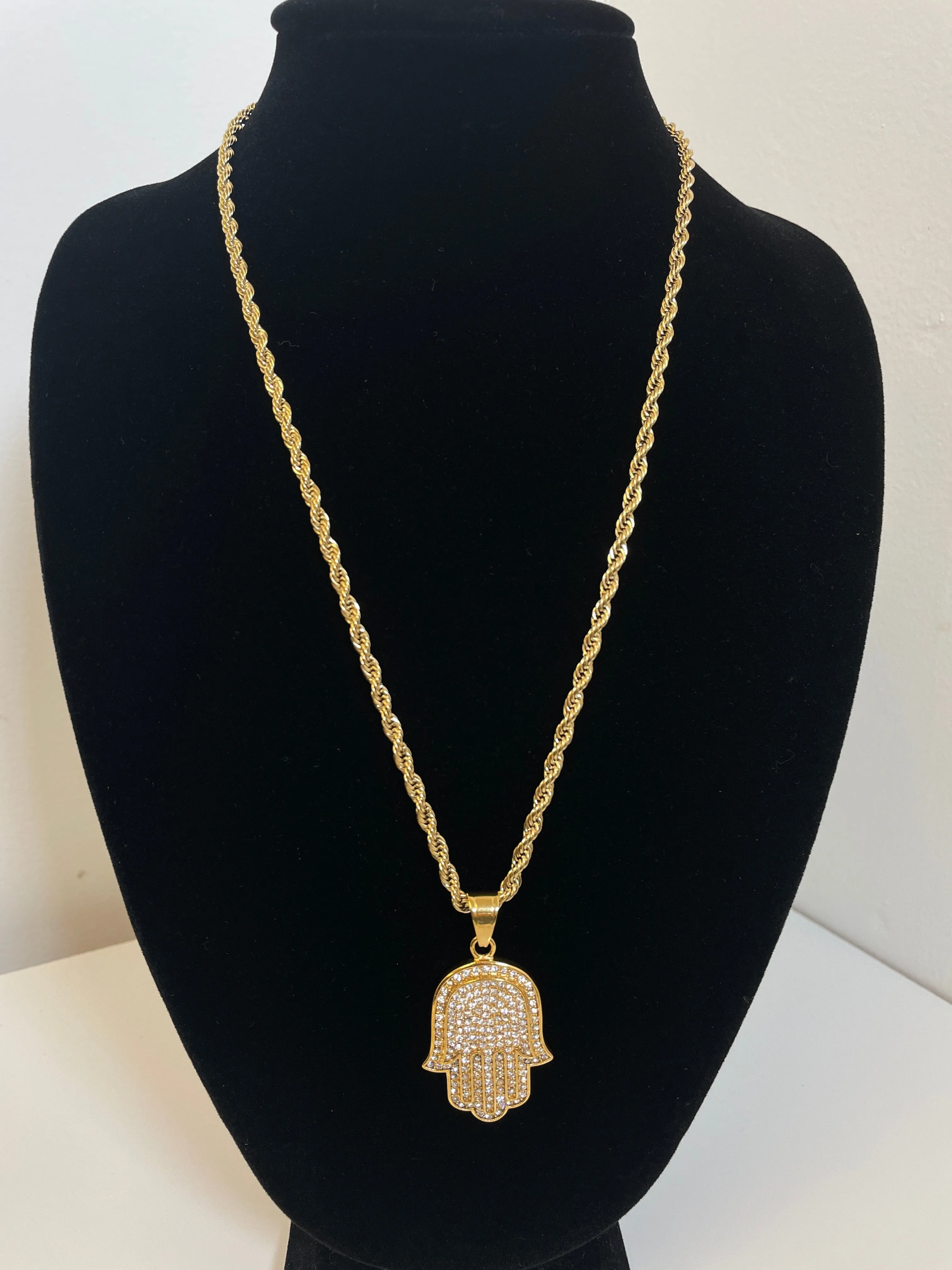Hamsa Pendant with 14K Gold Filled Rope Necklace 4mm 24" Chain Set for Men or Women