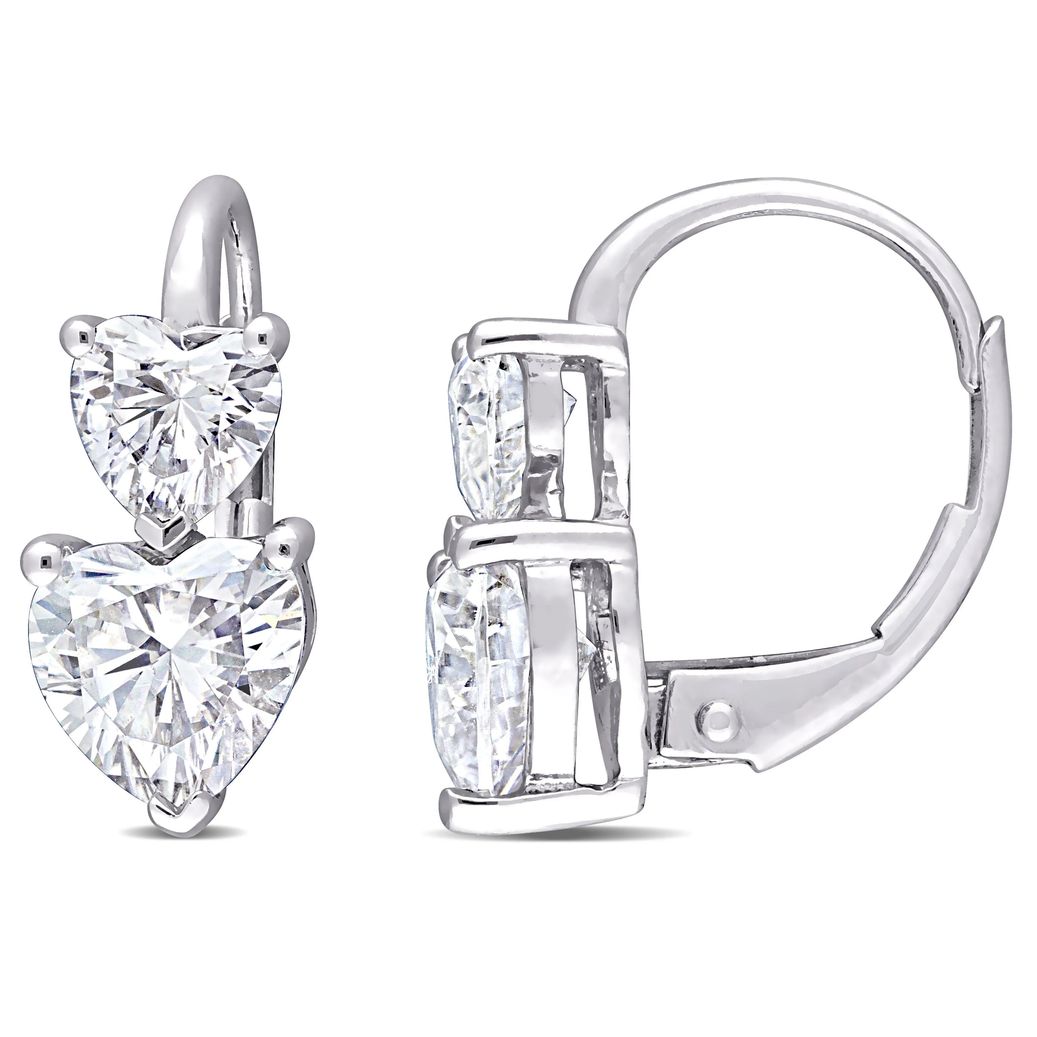 Heart Shaped 10K White Gold Moissanite Lever Back Earrings