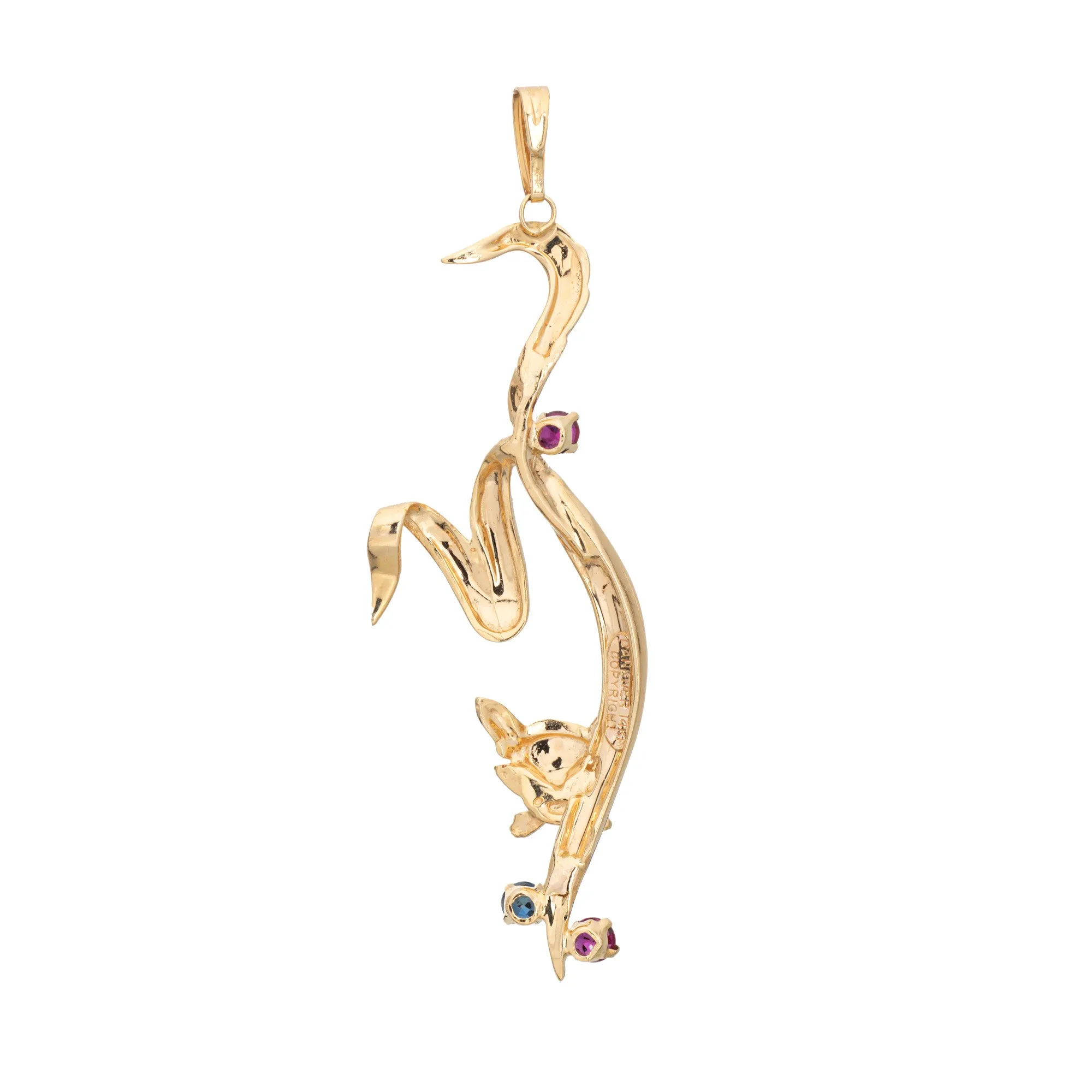 Henry Dankner Cat Pendant Vintage 14k Yellow Gold Sapphire Ruby Animal Jewelry
